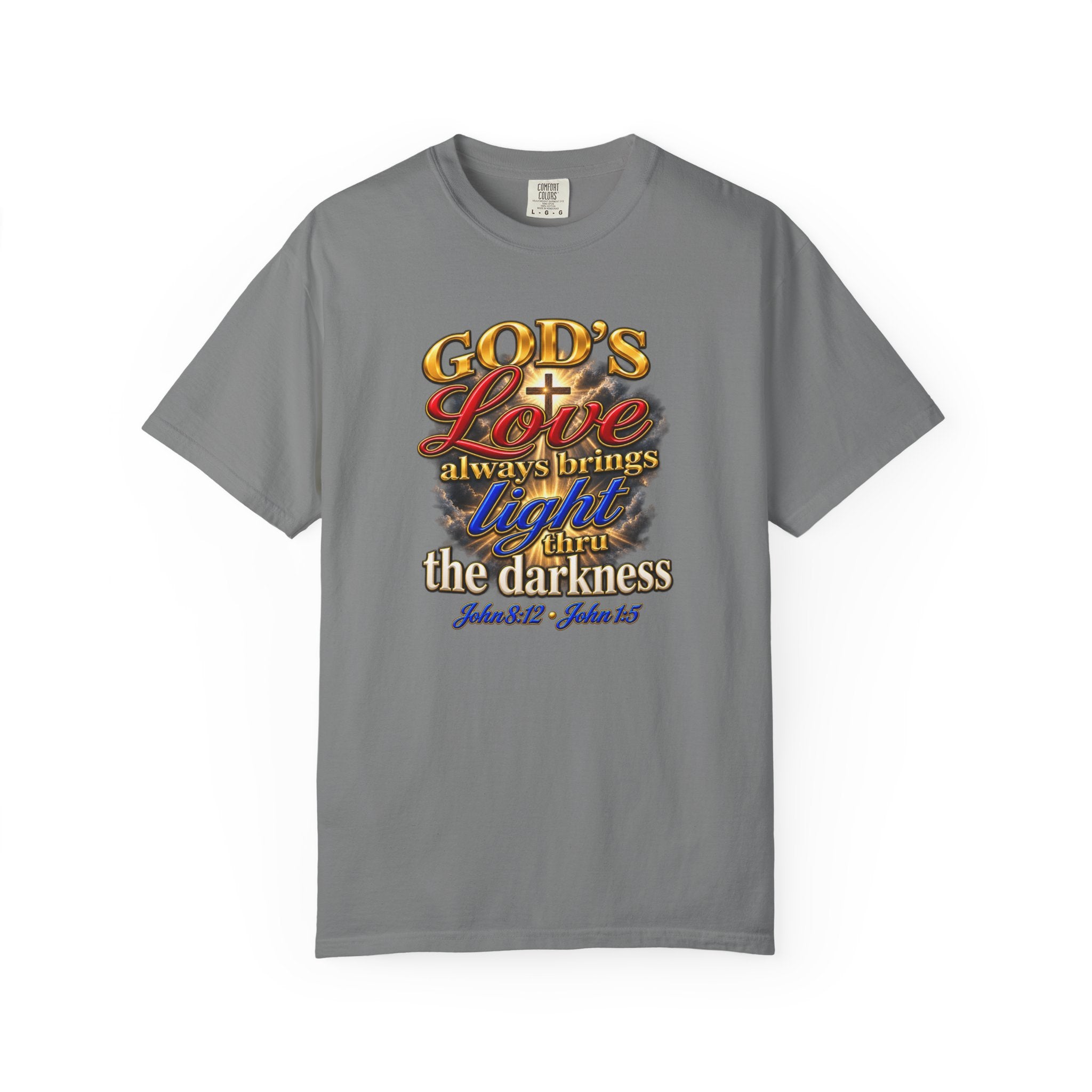 Christian Faith T-Shirt – “God’s Love Always Brings Light” Scripture Tee (John 8:12)