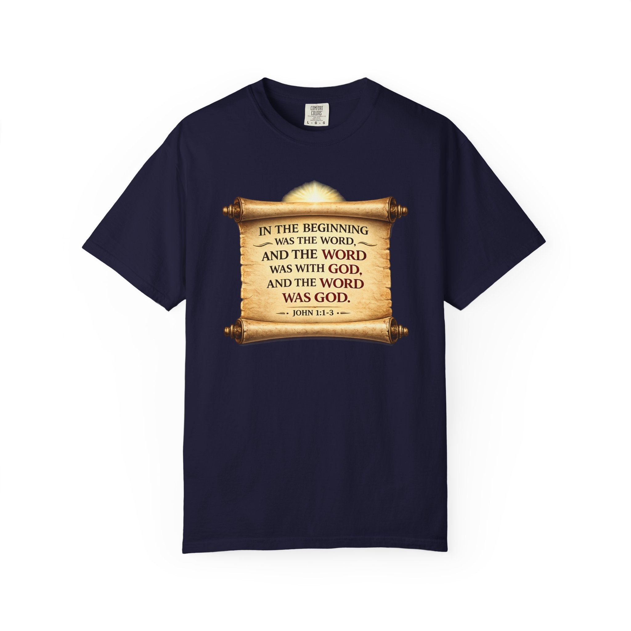 T-shirt — "In the Beginning Was the Word" John 1:1 Scroll Christian Tee