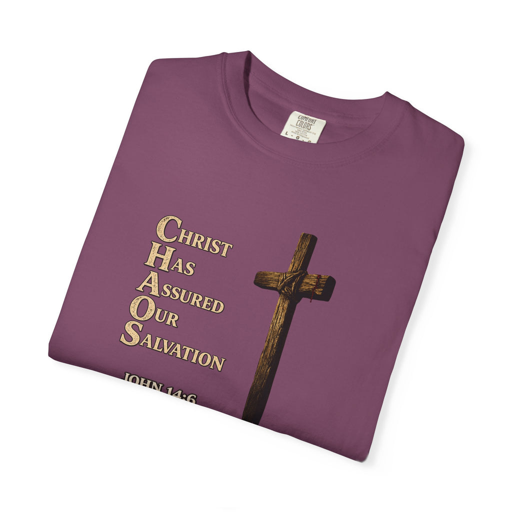 Christian Cross T-Shirt — "Christ Has Answered Our Salvation" Faith Tee (Back: "Full Armor of God")