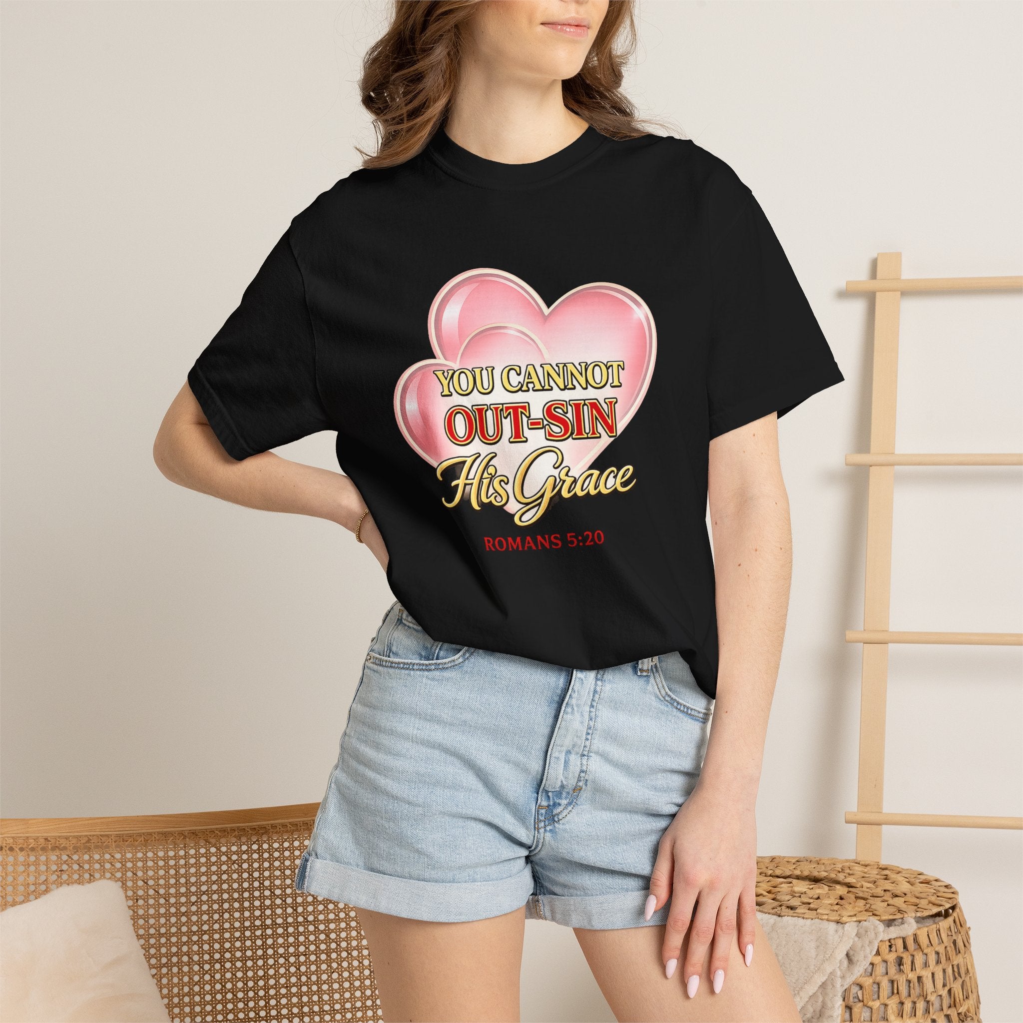Christian Heart T-Shirt — "You Cannot Out-Sin His Grace" (Romans 5:20)