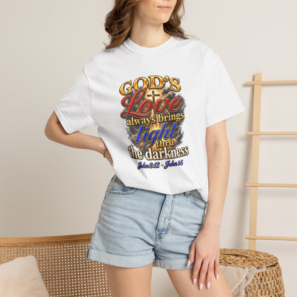 Christian Faith T-Shirt – “God’s Love Always Brings Light” Scripture Tee (John 8:12)