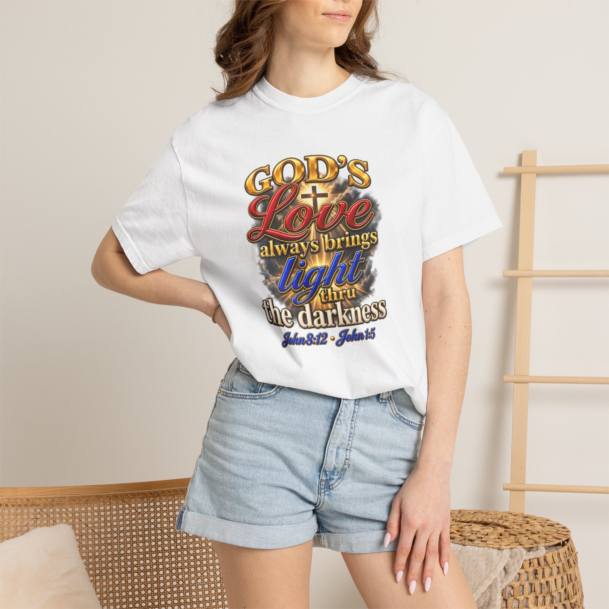 Christian Faith T-Shirt – “God’s Love Always Brings Light” Scripture Tee (John 8:12)