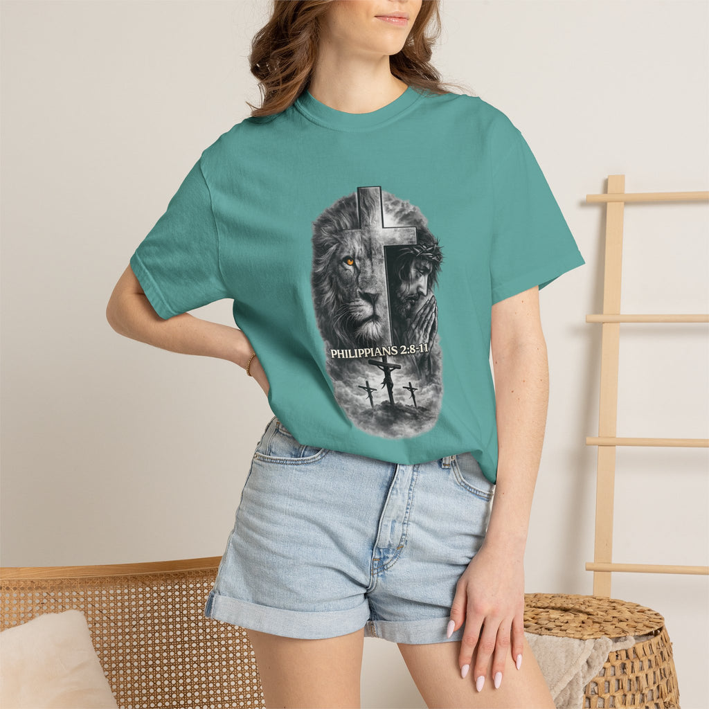 Christian Lion Cross T-Shirt — Philippians 2:8 Faith Graphic Tee