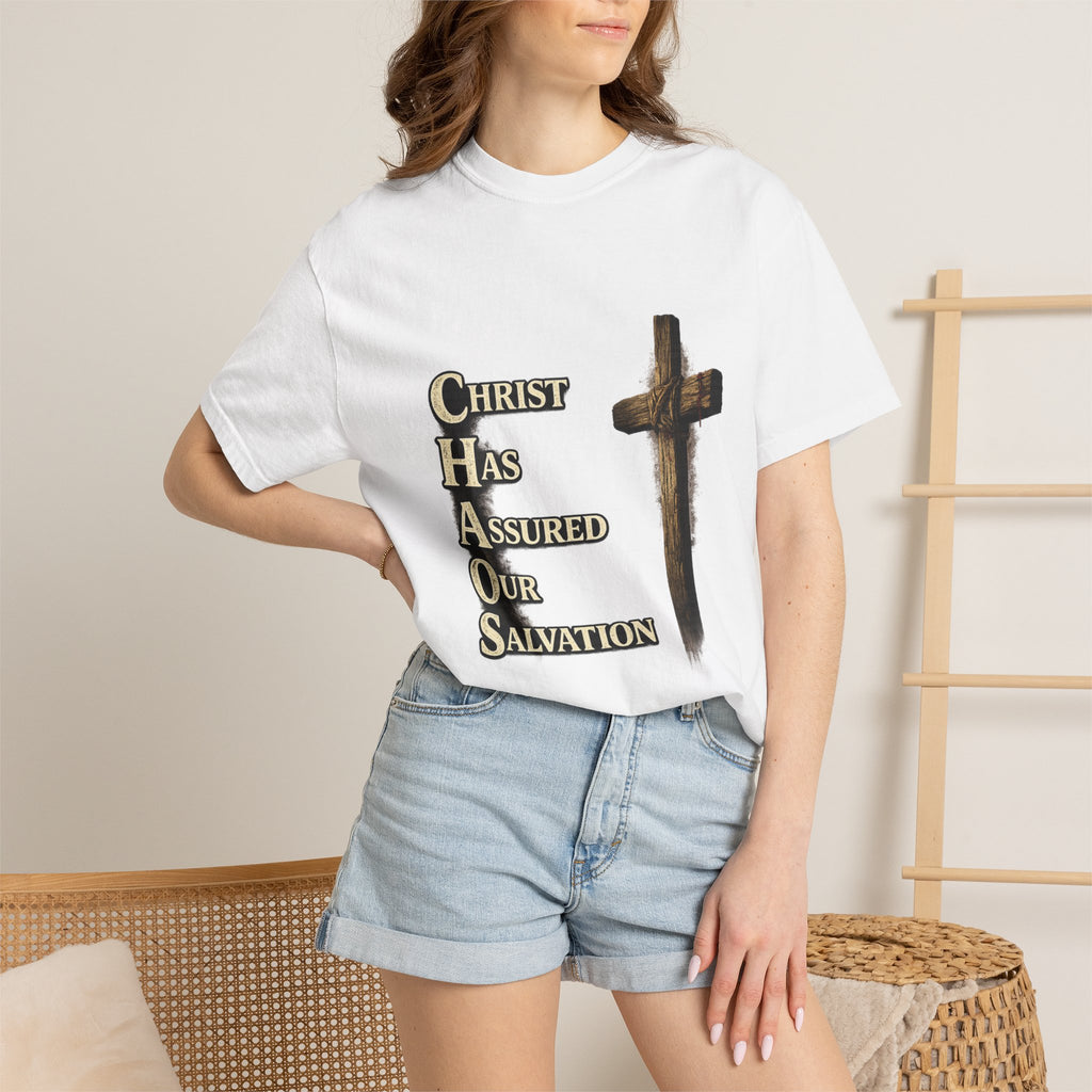 Christian Cross T‑Shirt — "CHAOS: Christ Has Assured Our Salvation" Faith Tee