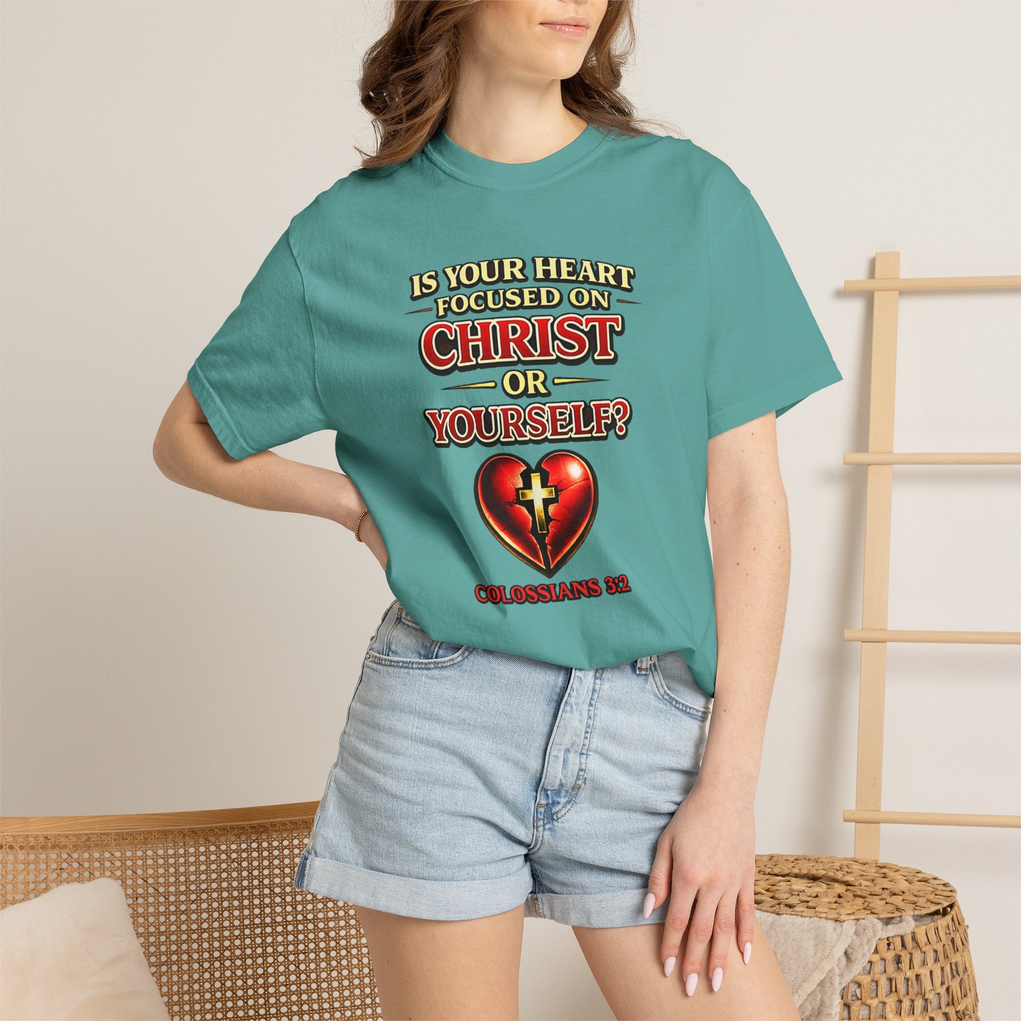Christian Graphic T-Shirt — “Is Your Heart Focused on Christ or Yourself?” with Heart & Cross