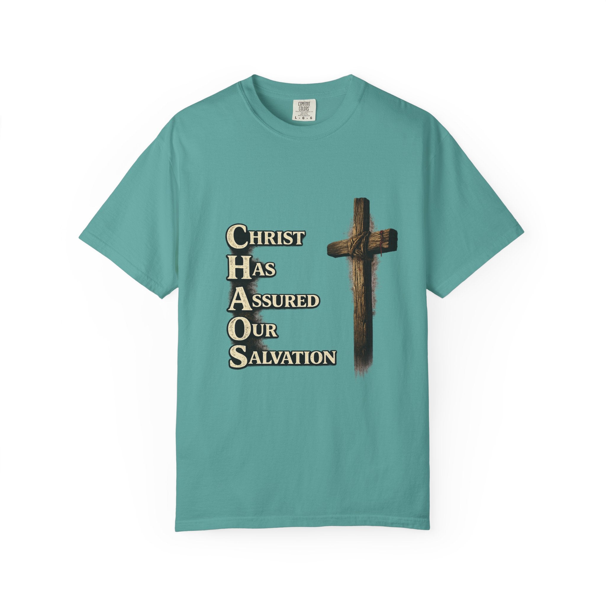 Christian Cross T‑Shirt — "CHAOS: Christ Has Assured Our Salvation" Faith Tee