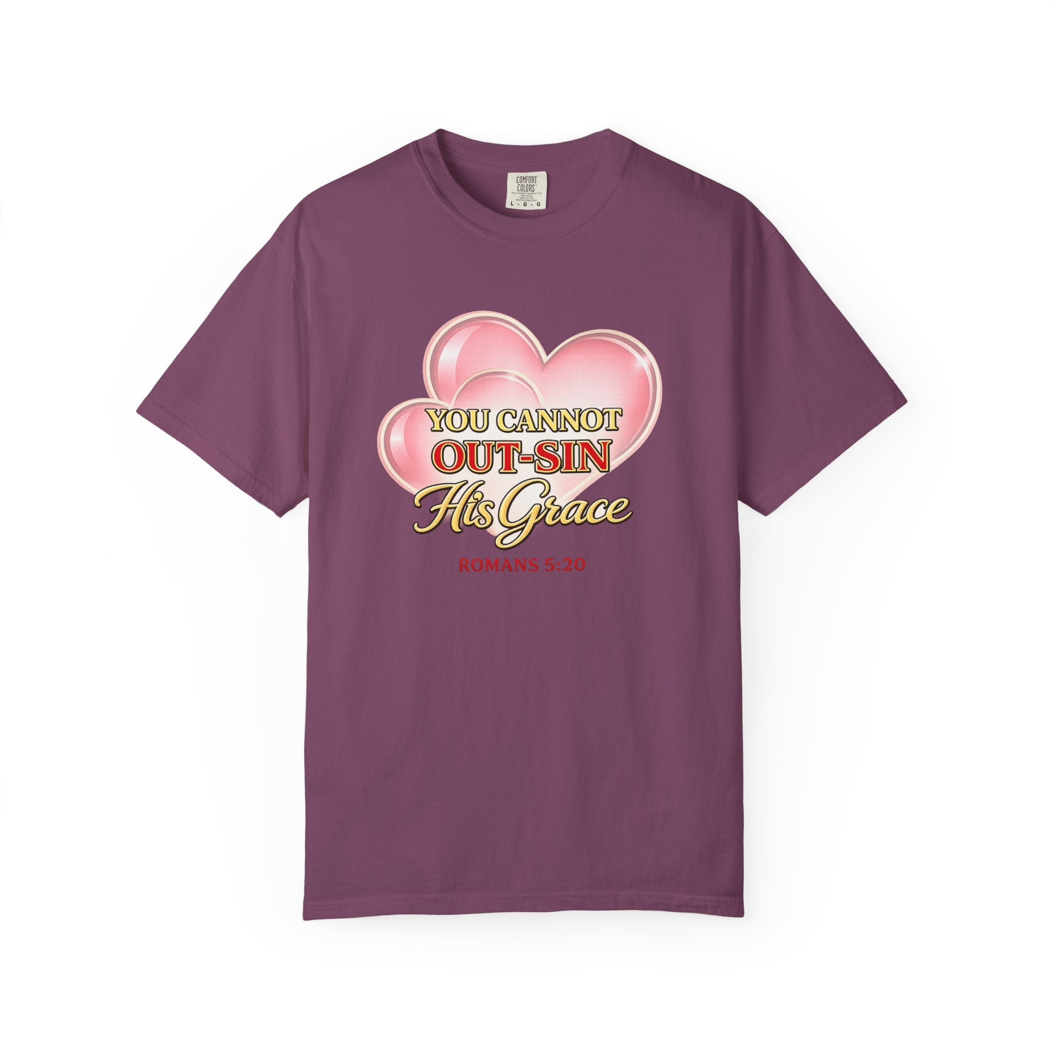 Christian Heart T-Shirt — "You Cannot Out-Sin His Grace" (Romans 5:20)