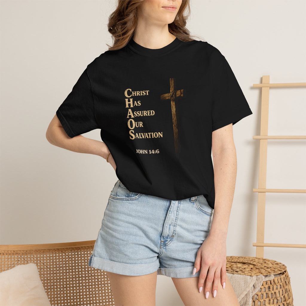 Christian Cross T-Shirt — "Christ Has Answered Our Salvation" Faith Tee (Back: "Full Armor of God")