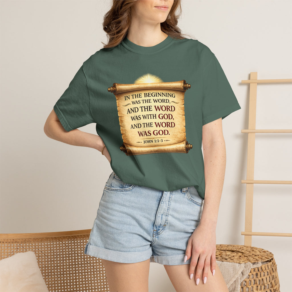 T-shirt — "In the Beginning Was the Word" John 1:1 Scroll Christian Tee