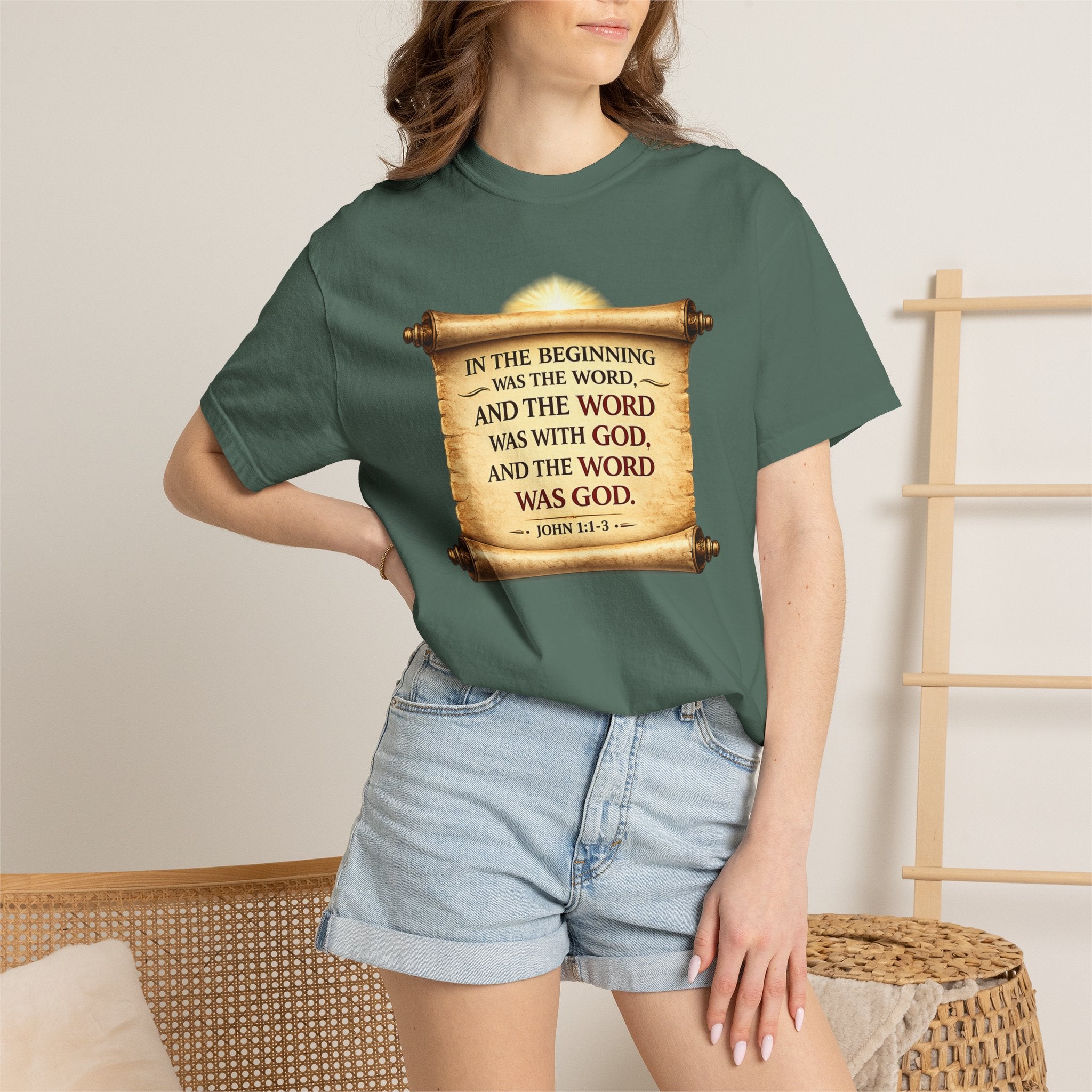 T-shirt — "In the Beginning Was the Word" John 1:1 Scroll Christian Tee