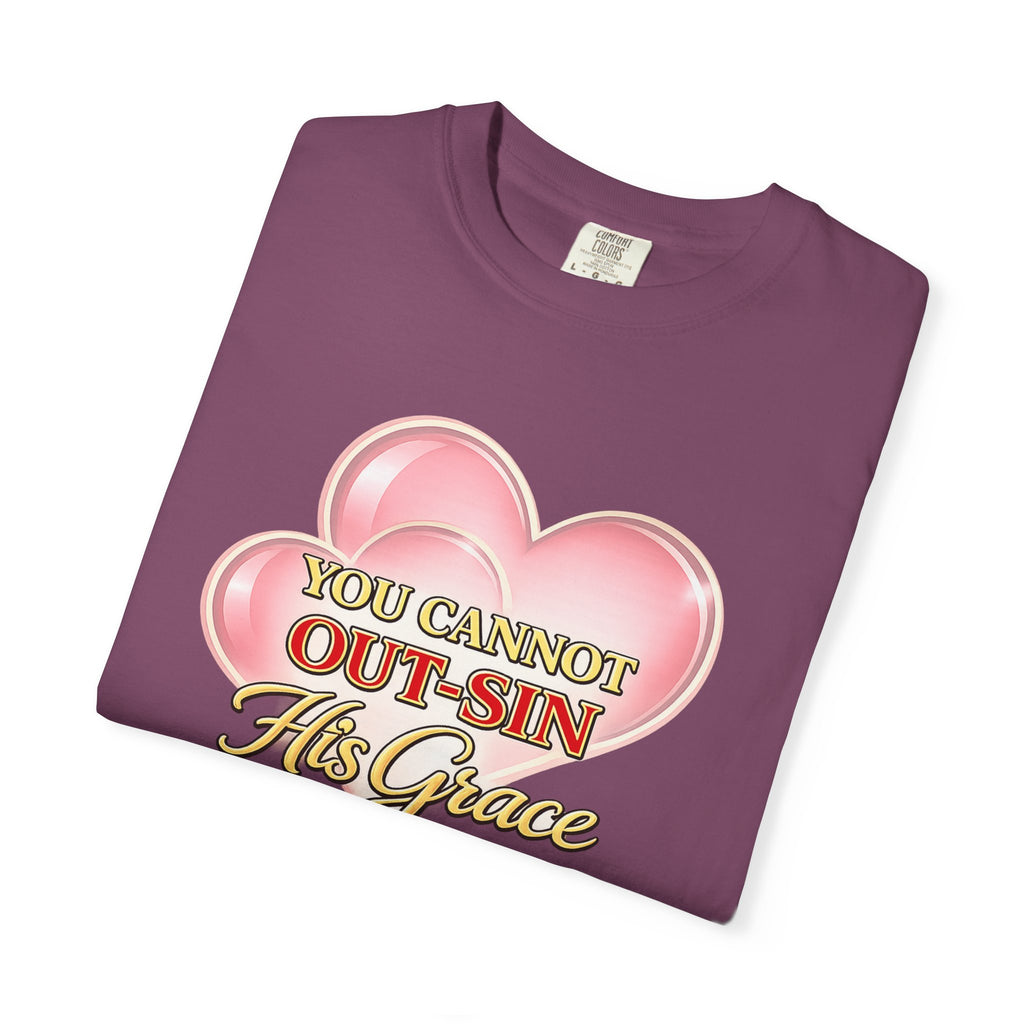 Christian Heart T-Shirt — "You Cannot Out-Sin His Grace" (Romans 5:20)