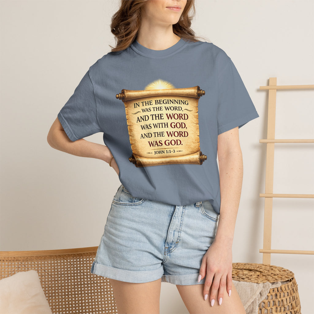 T-shirt — "In the Beginning Was the Word" John 1:1 Scroll Christian Tee