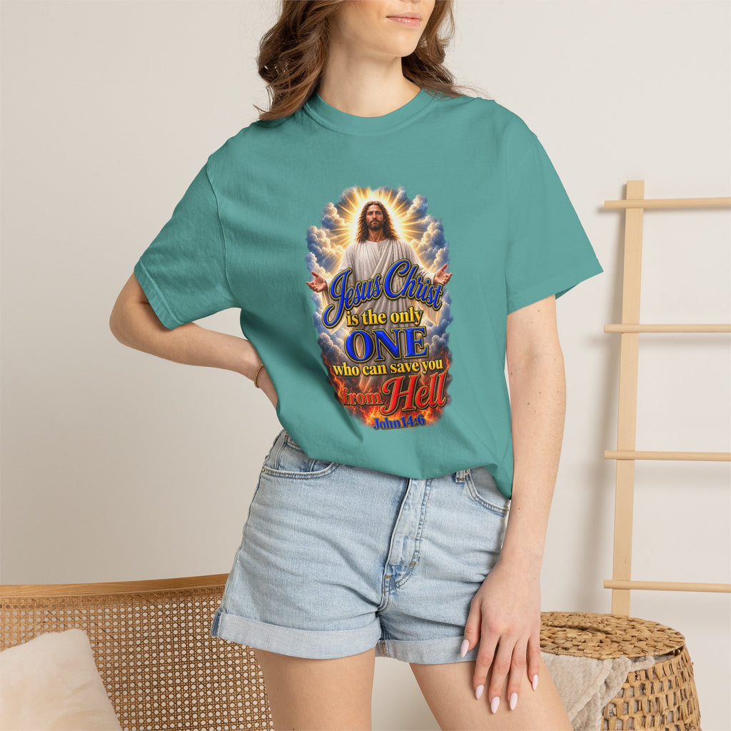 Christian Jesus Graphic T‑Shirt — "Jesus Christ is the only one who can save you from Hell" (Full Armor of God, Religious Faith Tee)
