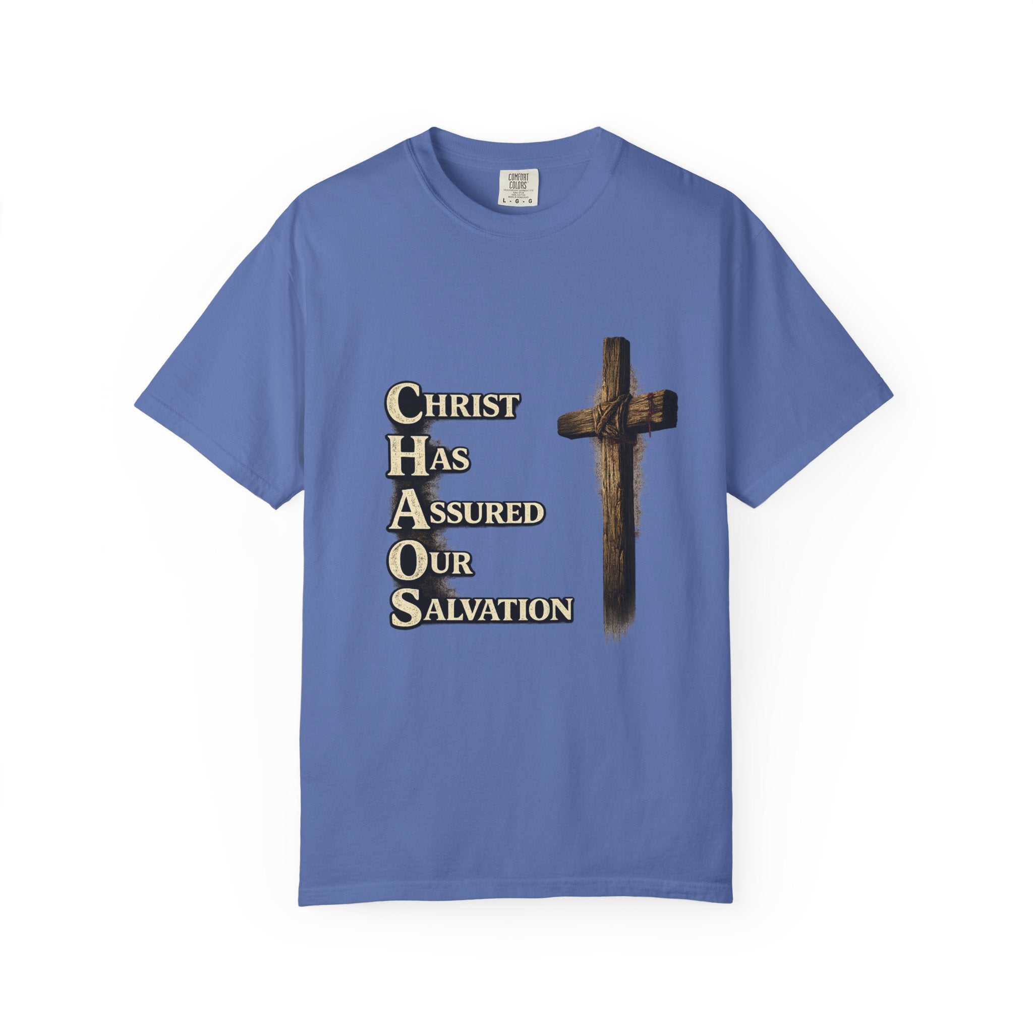 Christian Cross T‑Shirt — "CHAOS: Christ Has Assured Our Salvation" Faith Tee