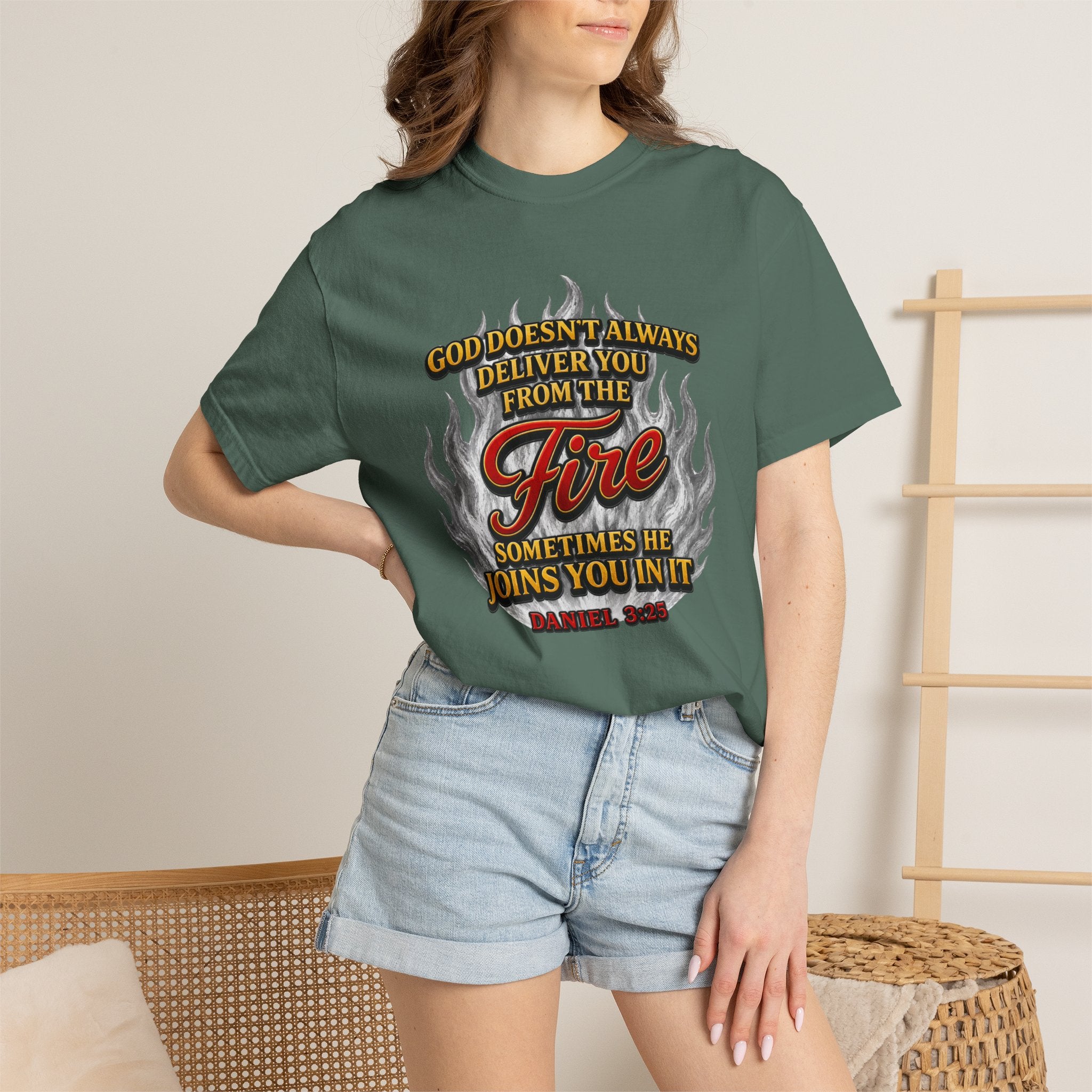 Christian Flame T-Shirt — "God Doesn’t Always Deliver You From the Fire" Faith Tee