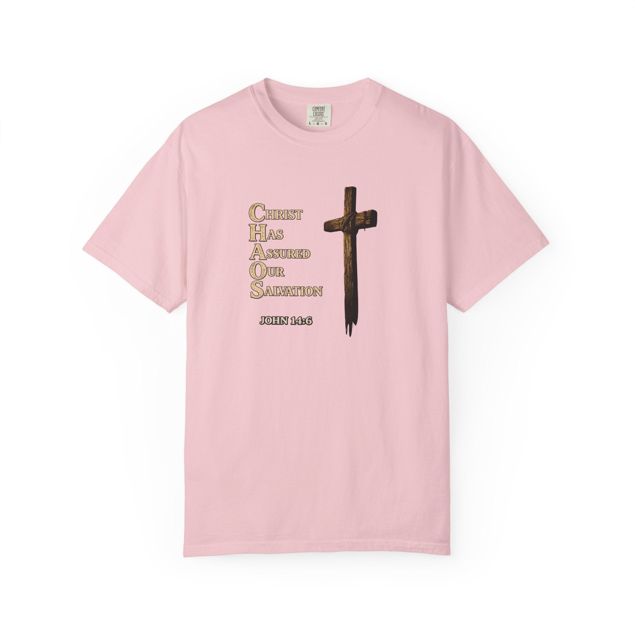 Christian Cross T-Shirt — "Christ Has Answered Our Salvation" Faith Tee (Back: "Full Armor of God")
