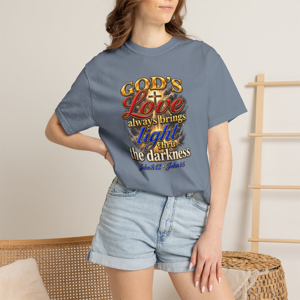 Christian Faith T-Shirt – “God’s Love Always Brings Light” Scripture Tee (John 8:12)