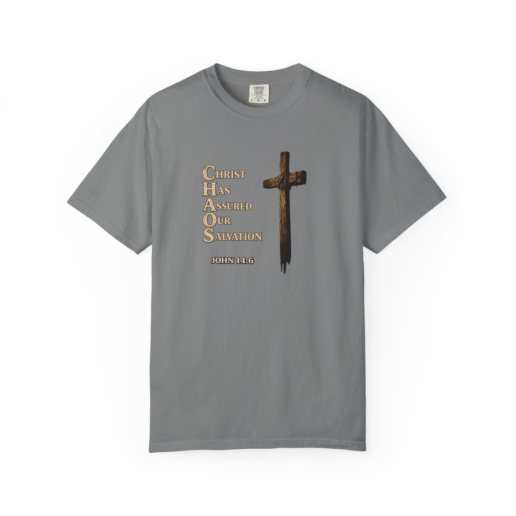 Christian Cross T-Shirt — "Christ Has Answered Our Salvation" Faith Tee (Back: "Full Armor of God")