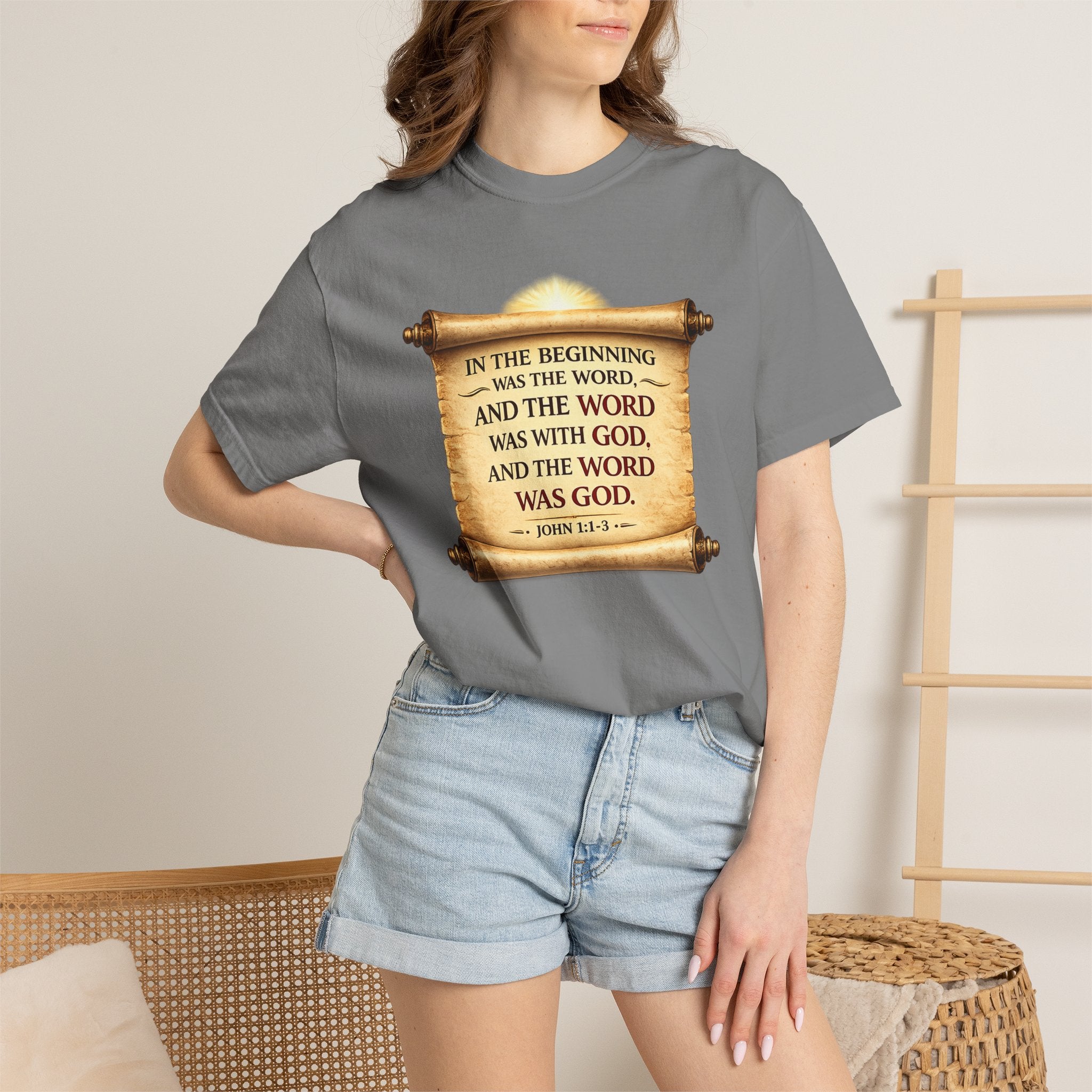 T-shirt — "In the Beginning Was the Word" John 1:1 Scroll Christian Tee