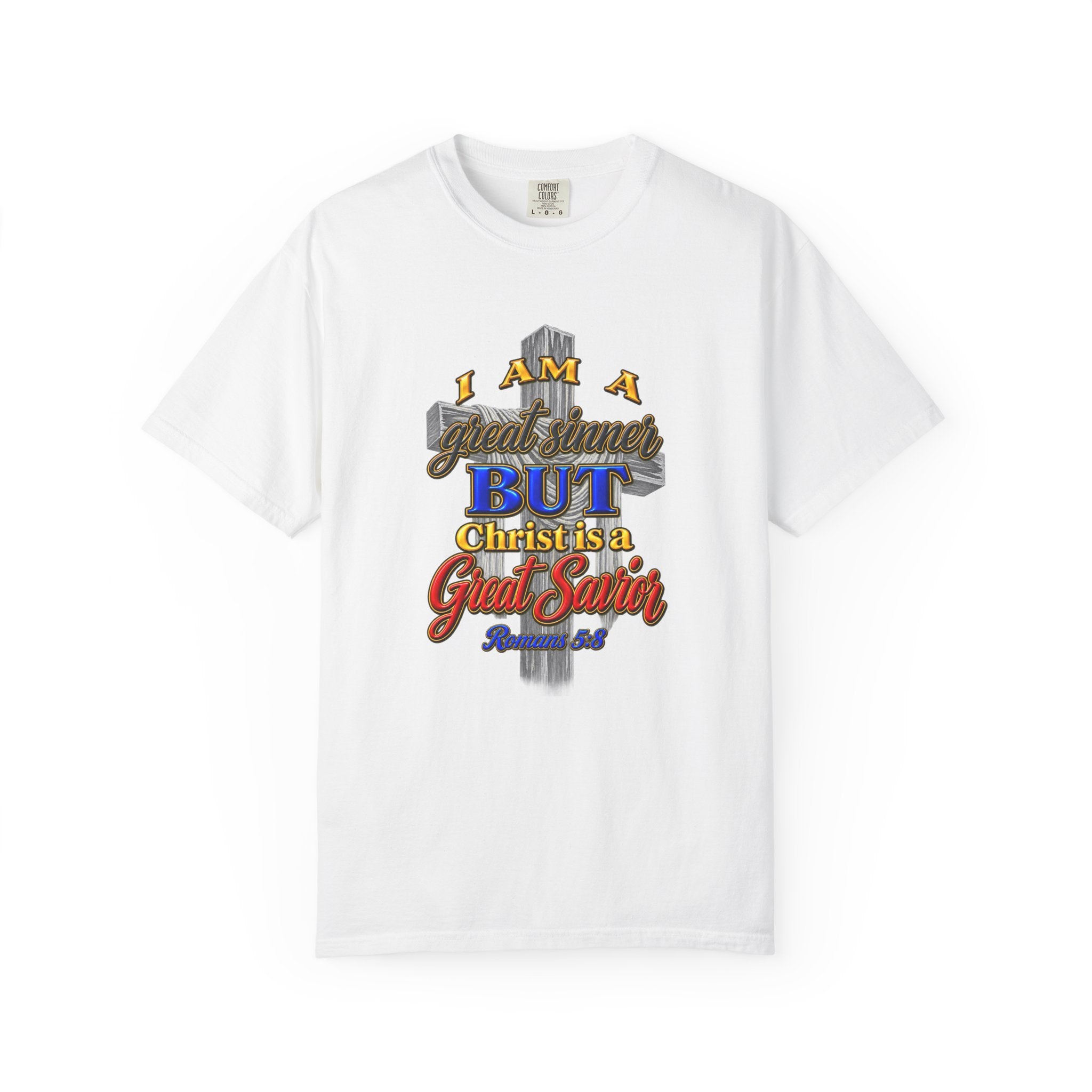 Christian Graphic T-Shirt — "I Am A Great Sinner But Christ Is A Great Savior" (Full Armor of God)