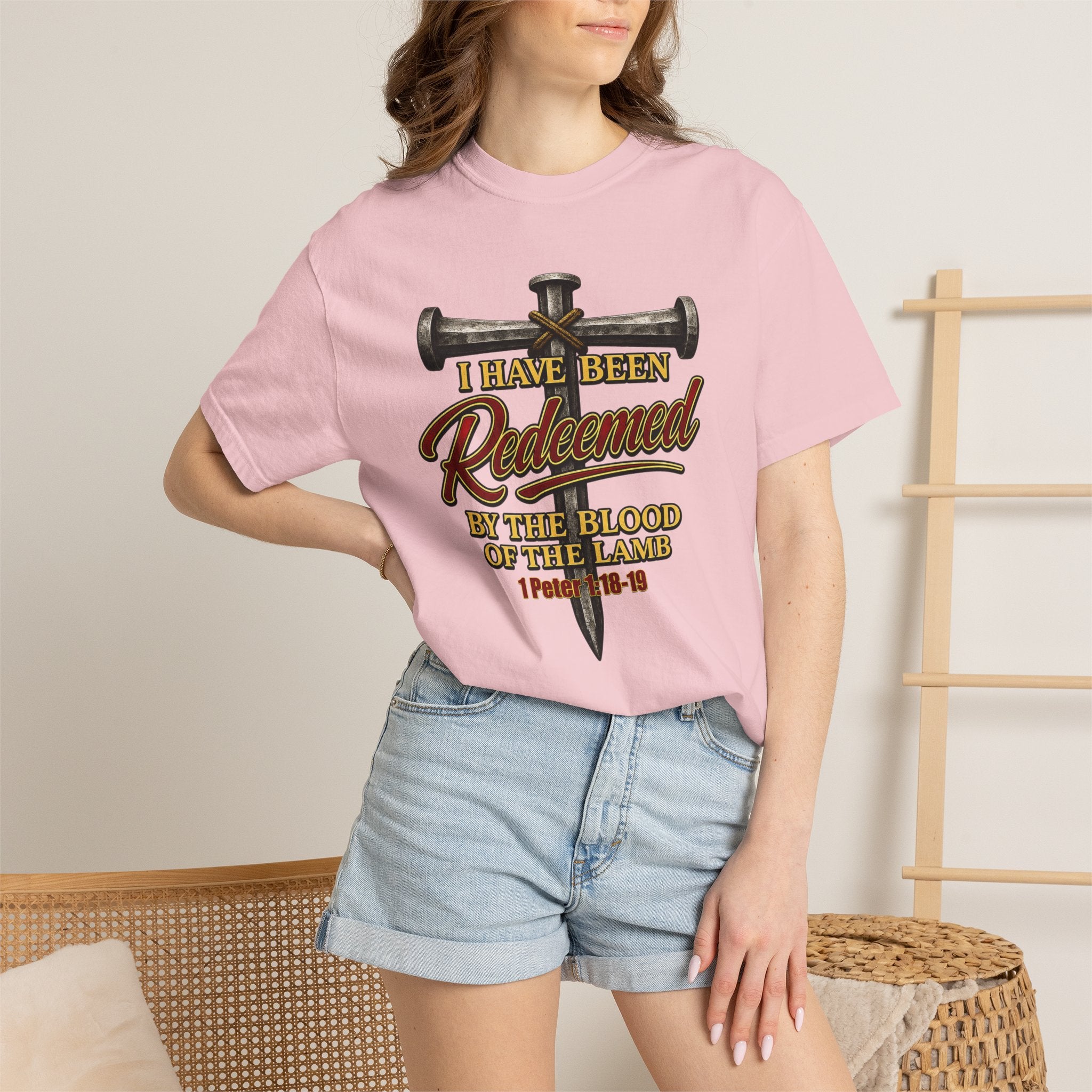 Redeemed by the Blood T-Shirt — Christian Cross & Nail Faith Tee (1 Peter 1:18-19)