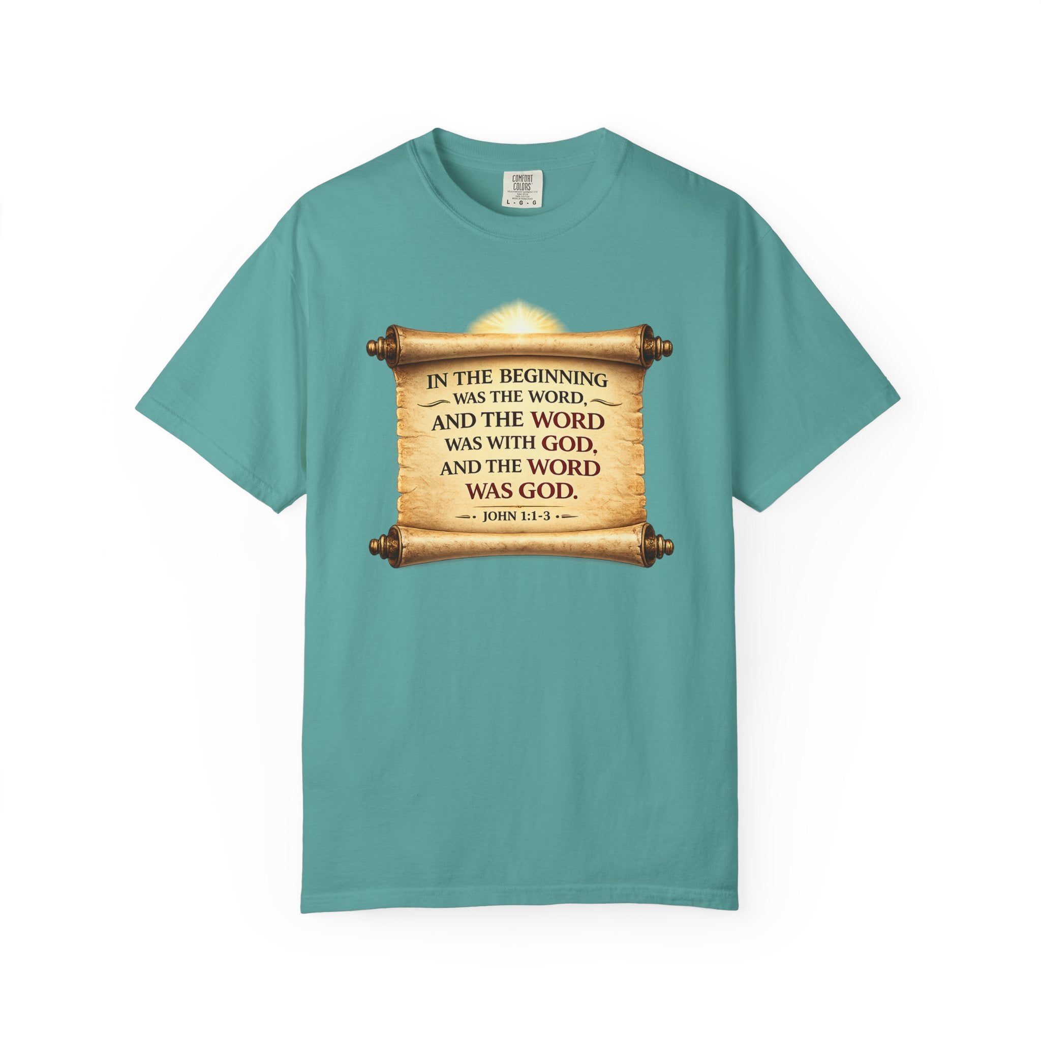 T-shirt — "In the Beginning Was the Word" John 1:1 Scroll Christian Tee