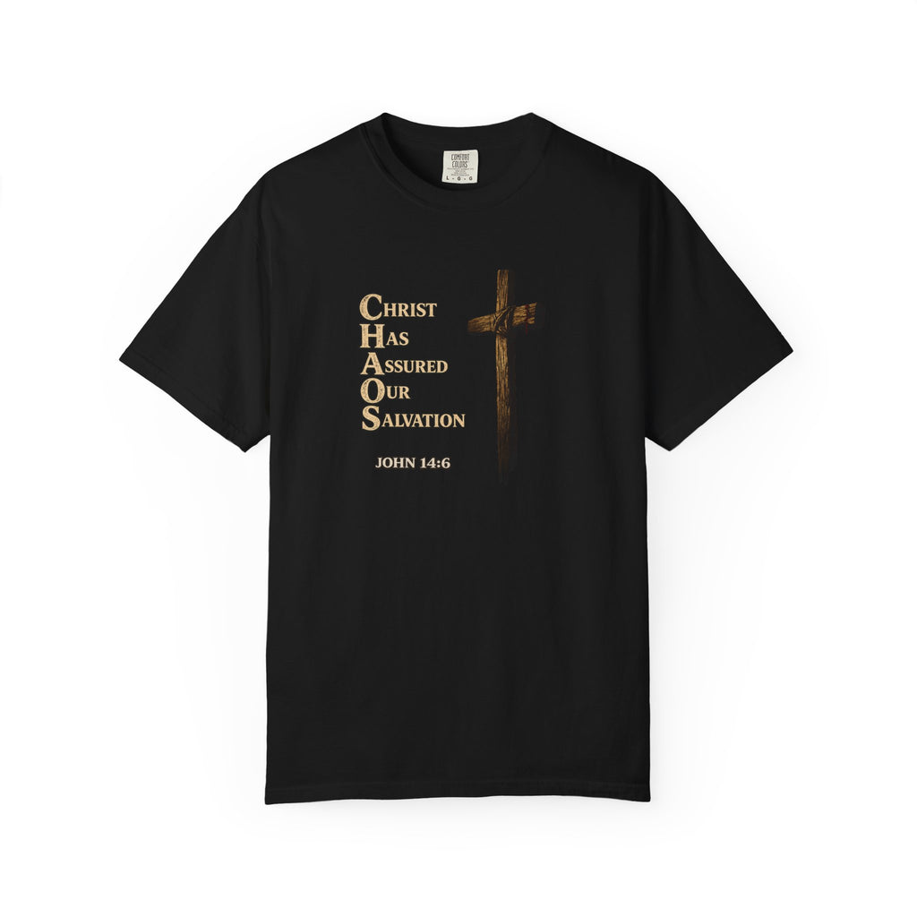 Christian Cross T-Shirt — "Christ Has Answered Our Salvation" Faith Tee (Back: "Full Armor of God")