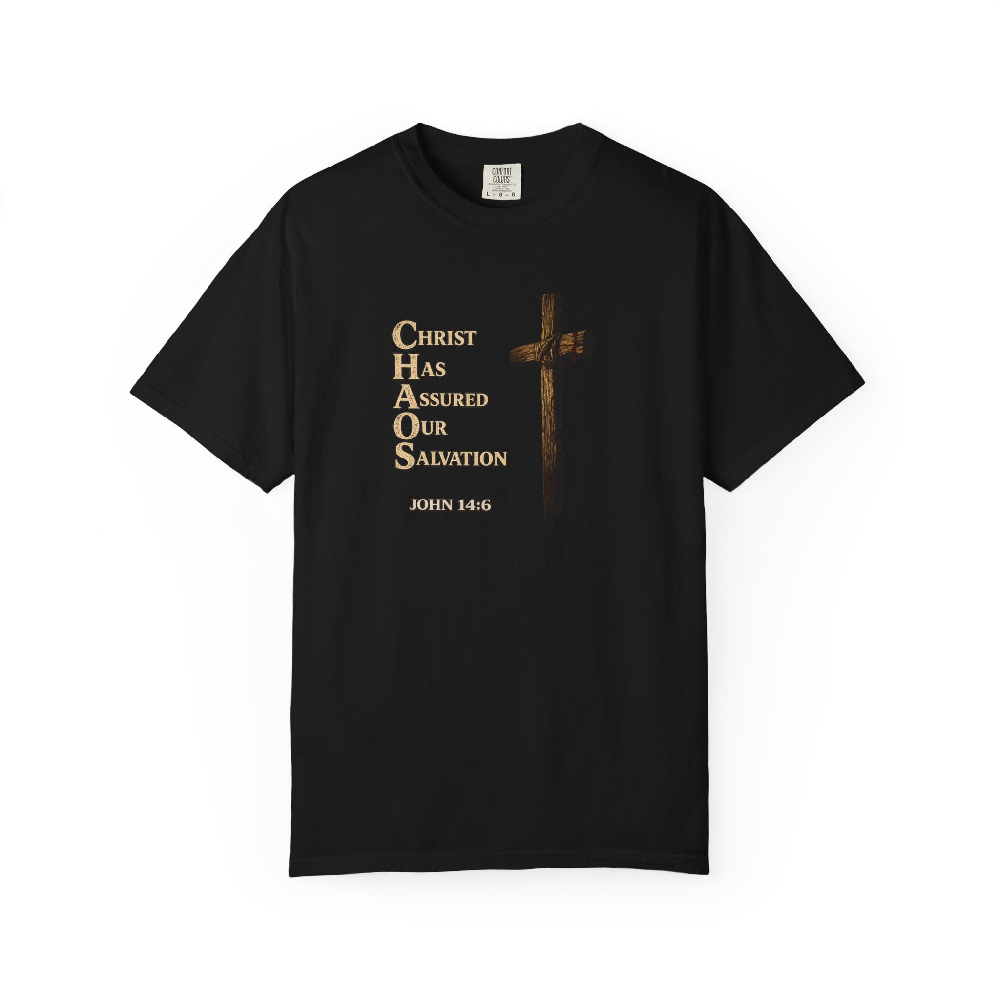 Christian Cross T-Shirt — "Christ Has Answered Our Salvation" Faith Tee (Back: "Full Armor of God")