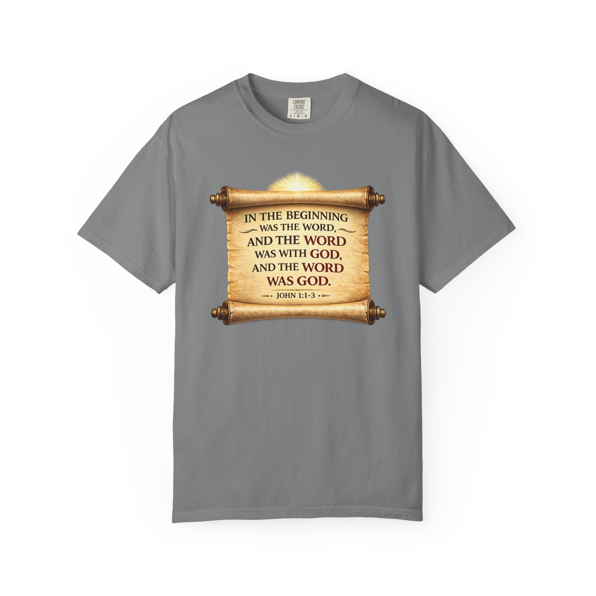 T-shirt — "In the Beginning Was the Word" John 1:1 Scroll Christian Tee
