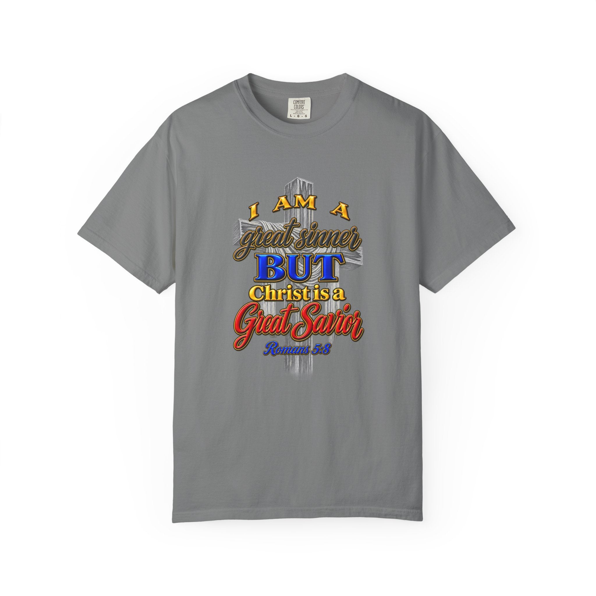 Christian Graphic T-Shirt — "I Am A Great Sinner But Christ Is A Great Savior" (Full Armor of God)