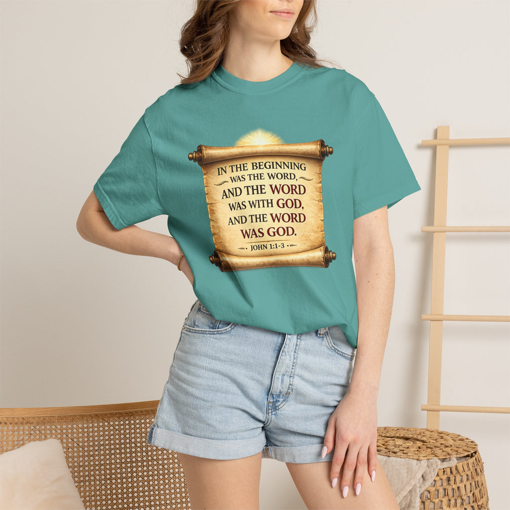 T-shirt — "In the Beginning Was the Word" John 1:1 Scroll Christian Tee