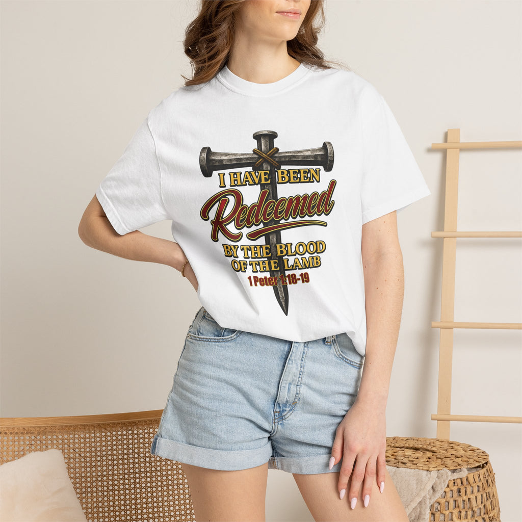 Redeemed by the Blood T-Shirt — Christian Cross & Nail Faith Tee (1 Peter 1:18-19)