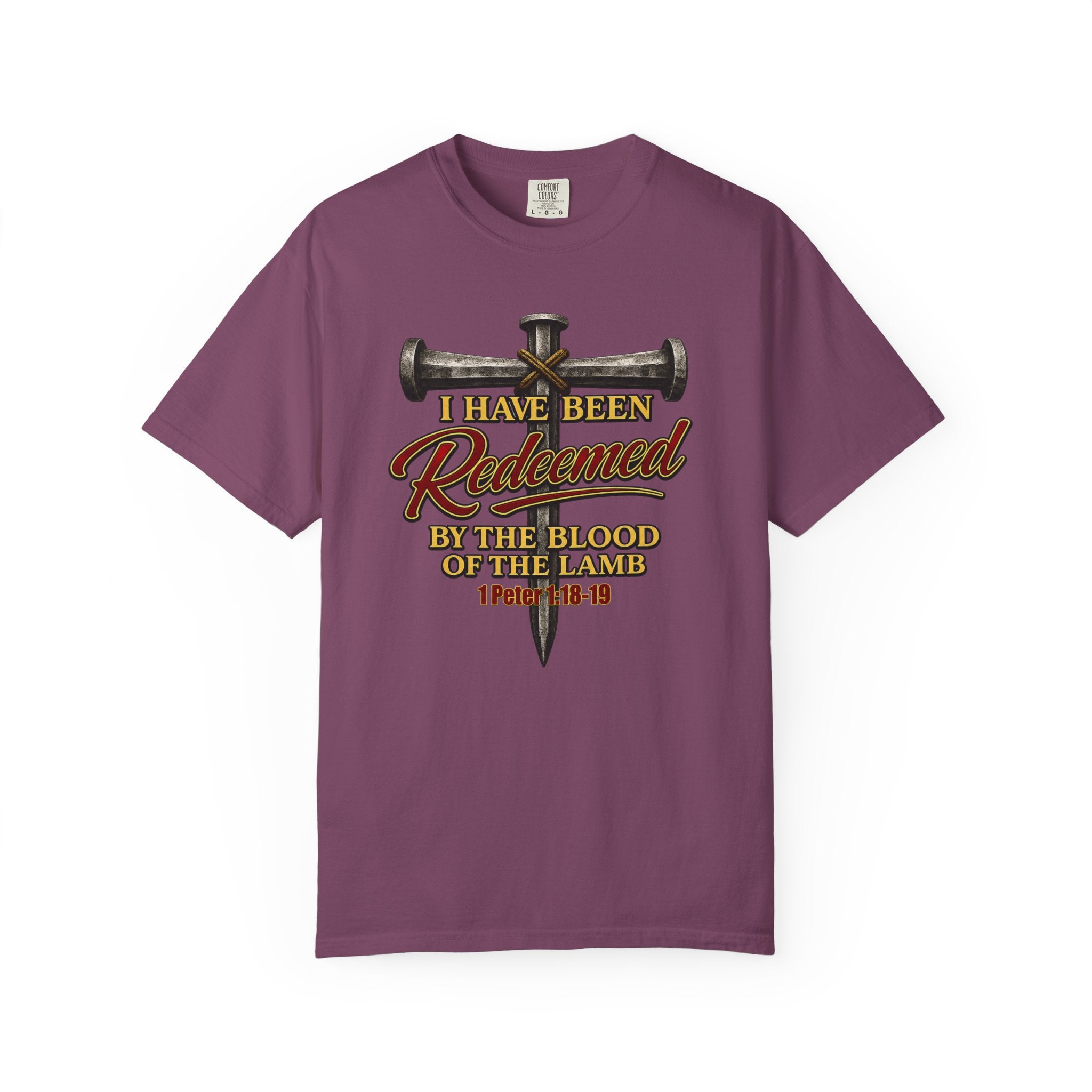 Redeemed by the Blood T-Shirt — Christian Cross & Nail Faith Tee (1 Peter 1:18-19)