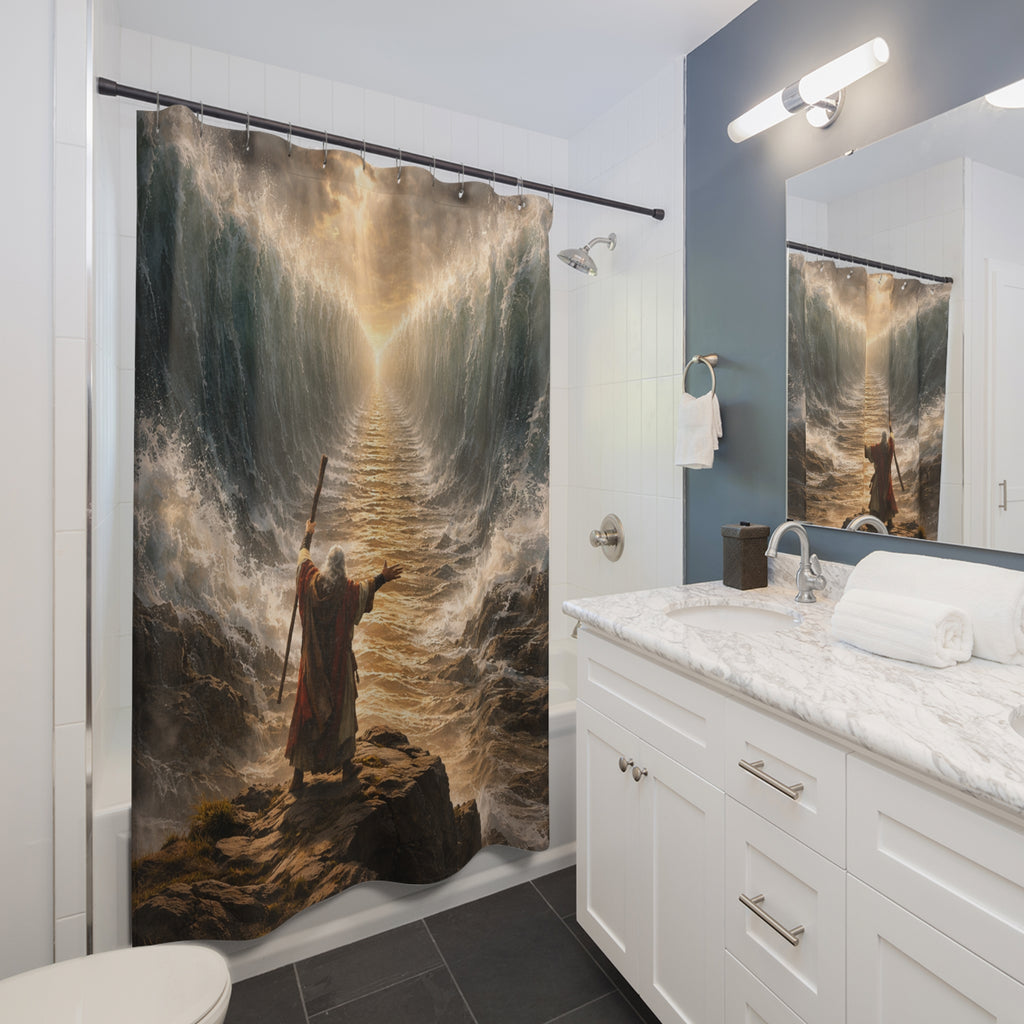 Moses Parting Sea Shower Curtain – Dramatic Biblical Wall Art Bathroom Decor
