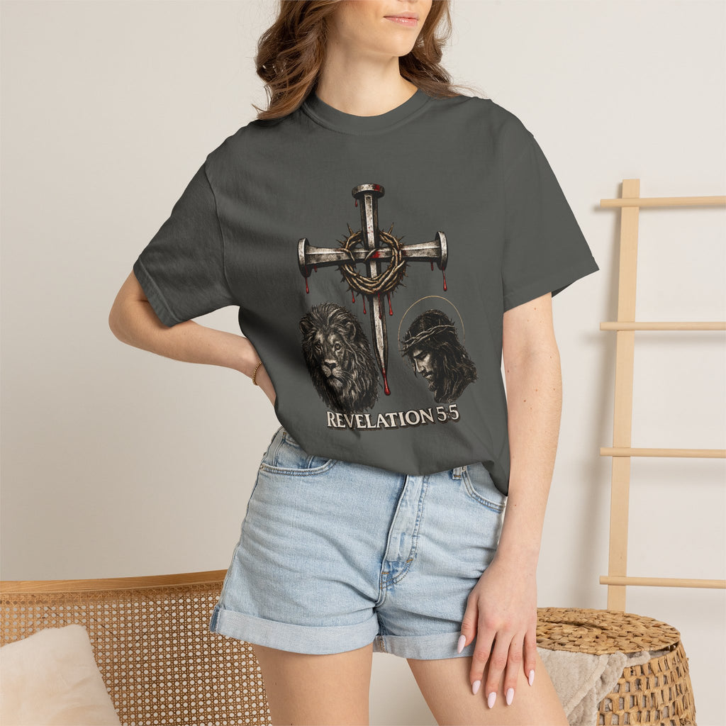 Revelation 5:5 Christian T-Shirt — Lion & Lamb Cross Design