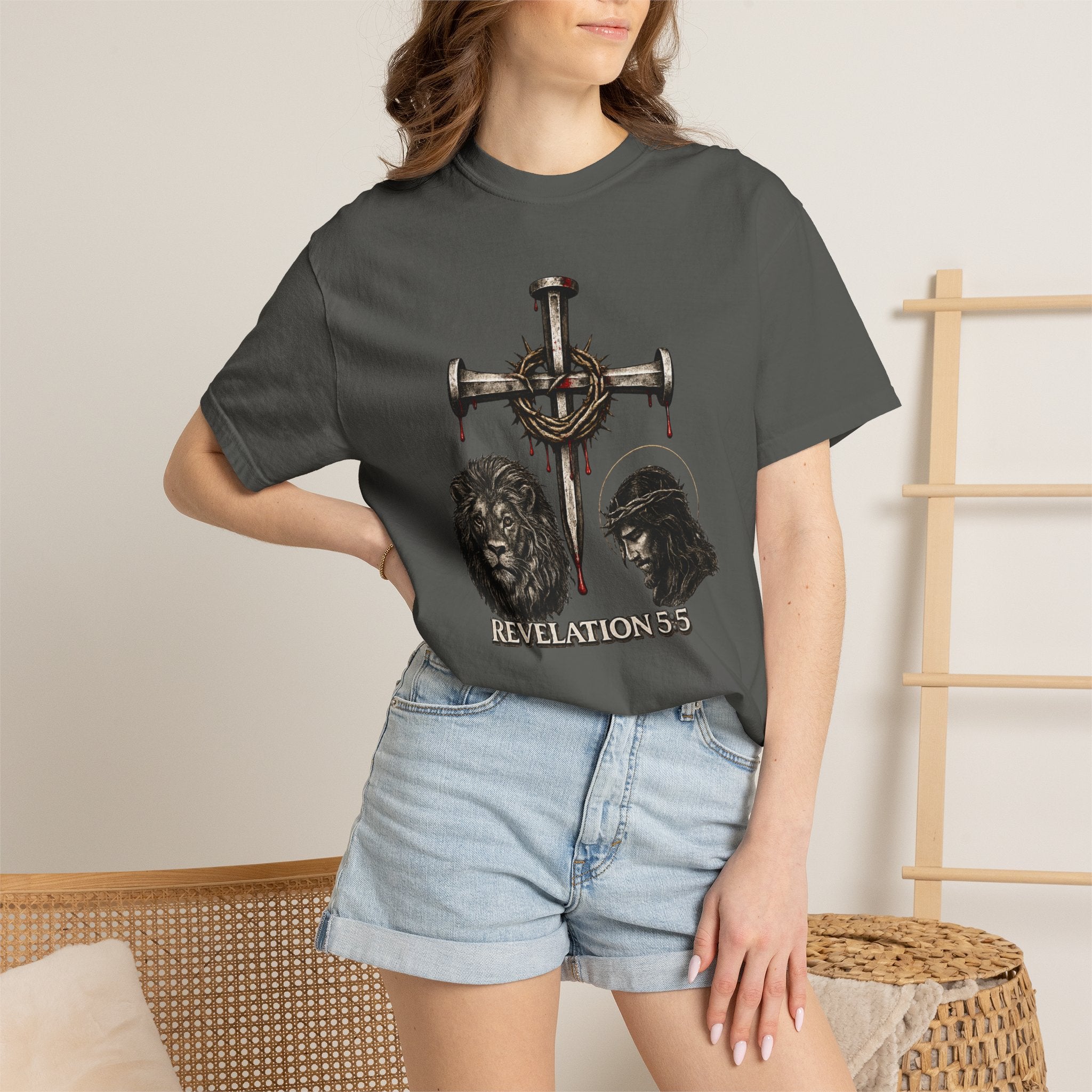 Revelation 5:5 Christian T-Shirt — Lion & Lamb Cross Design