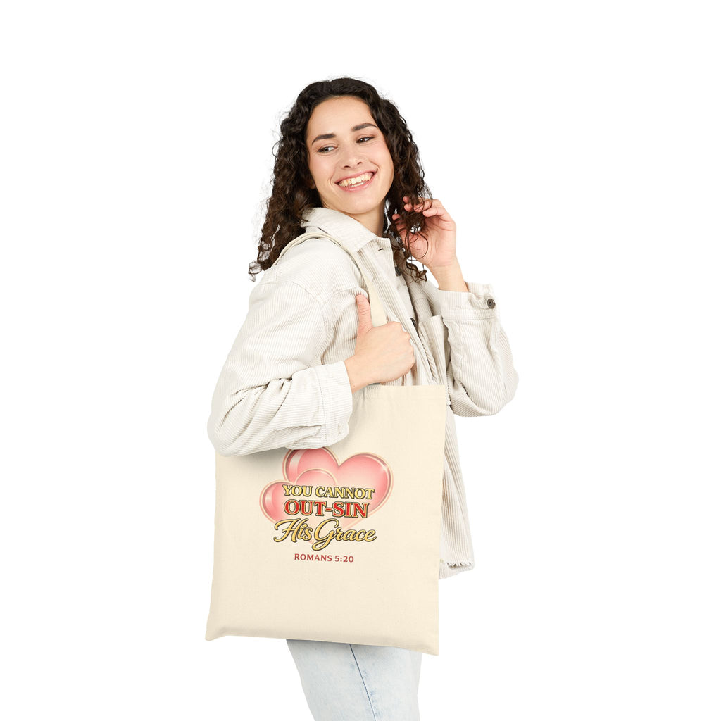 Canvas Tote Bag — "You Cannot Out-Sin His Grace" Christian Scripture Tote (Romans 5:20)