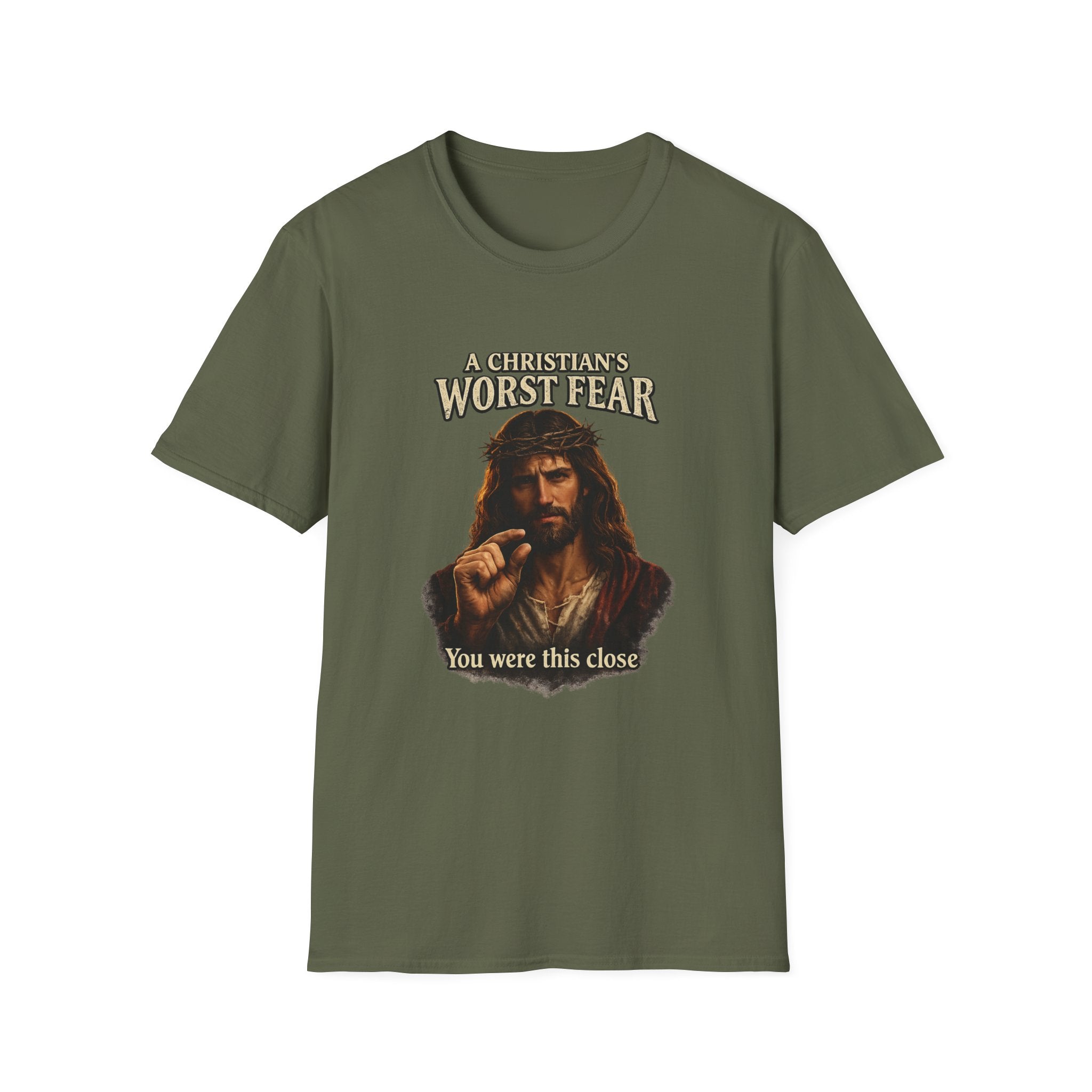 T-Shirt — “A Christian’s Worst Fear: You Were This Close” Vintage Jesus Holiday Tee