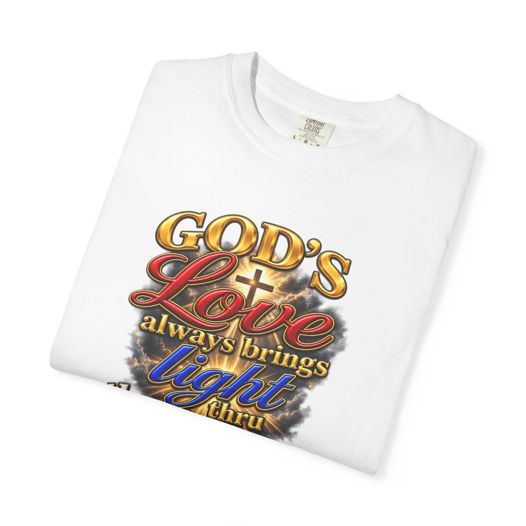 Christian Faith T-Shirt – “God’s Love Always Brings Light” Scripture Tee (John 8:12)