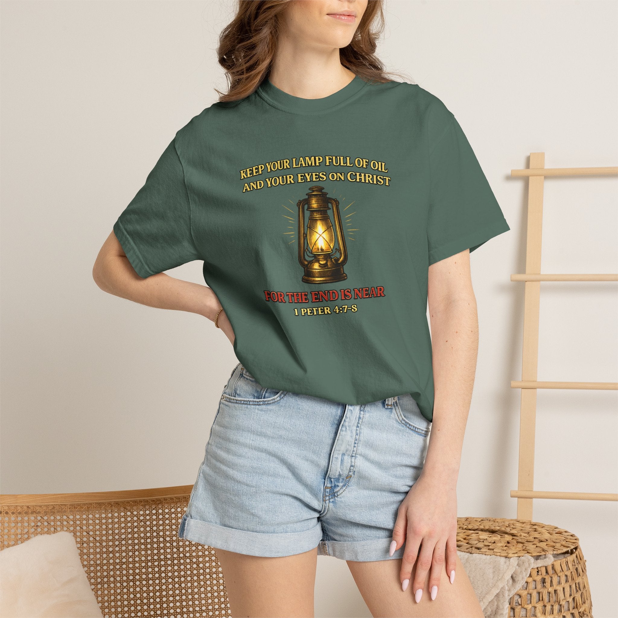 Christian Lantern T-Shirt — "Keep Your Lamp Full of Oil" Scripture Tee