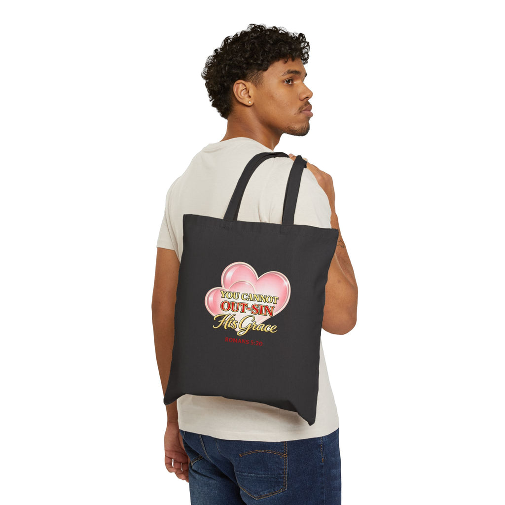 Canvas Tote Bag — "You Cannot Out-Sin His Grace" Christian Scripture Tote (Romans 5:20)