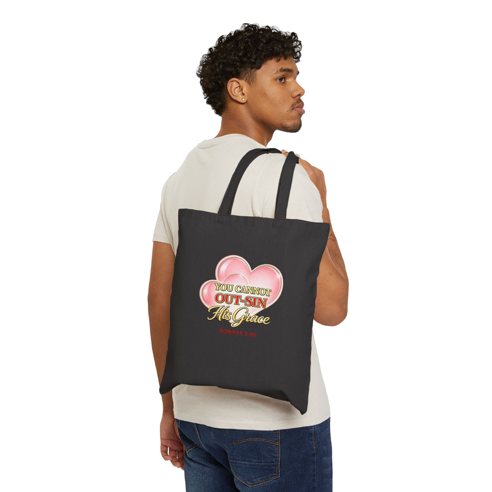 Canvas Tote Bag — "You Cannot Out-Sin His Grace" Christian Scripture Tote (Romans 5:20)
