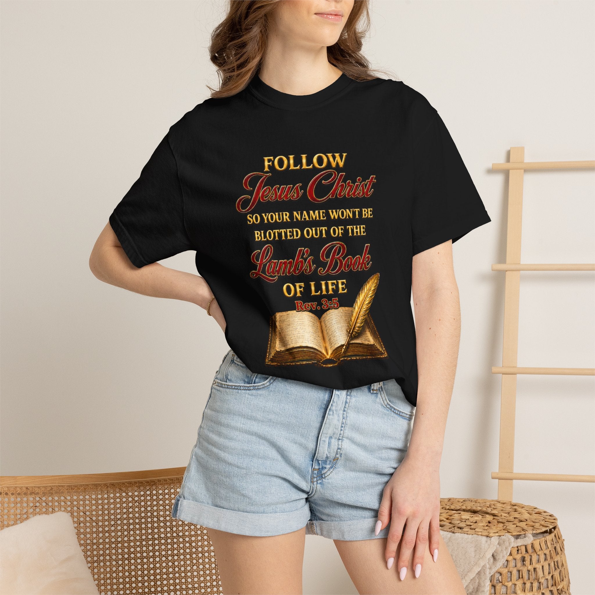 Christian T-Shirt - "Follow Jesus Christ" Bible Verse Graphic Tee (Book of Life)