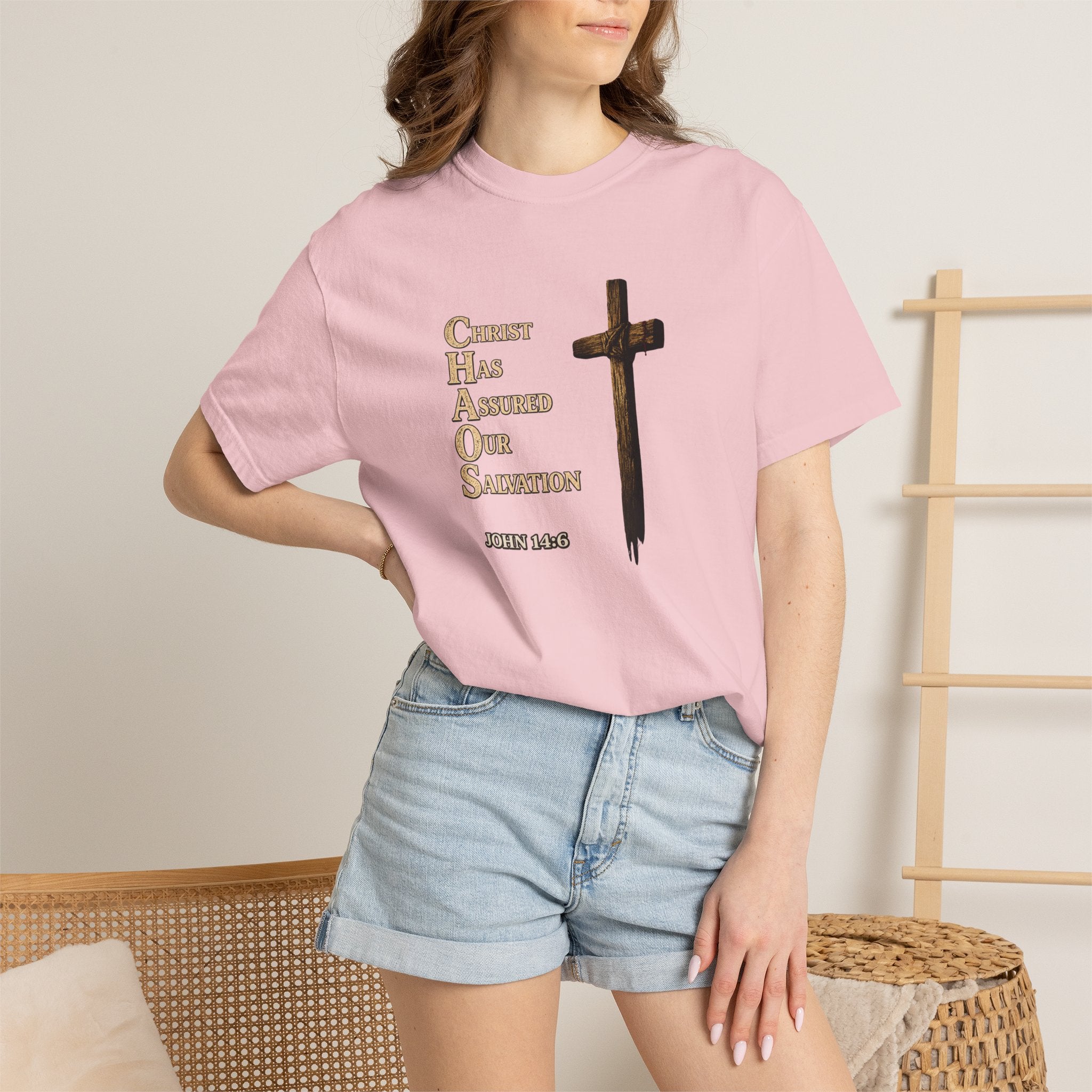 Christian Cross T-Shirt — "Christ Has Answered Our Salvation" Faith Tee (Back: "Full Armor of God")