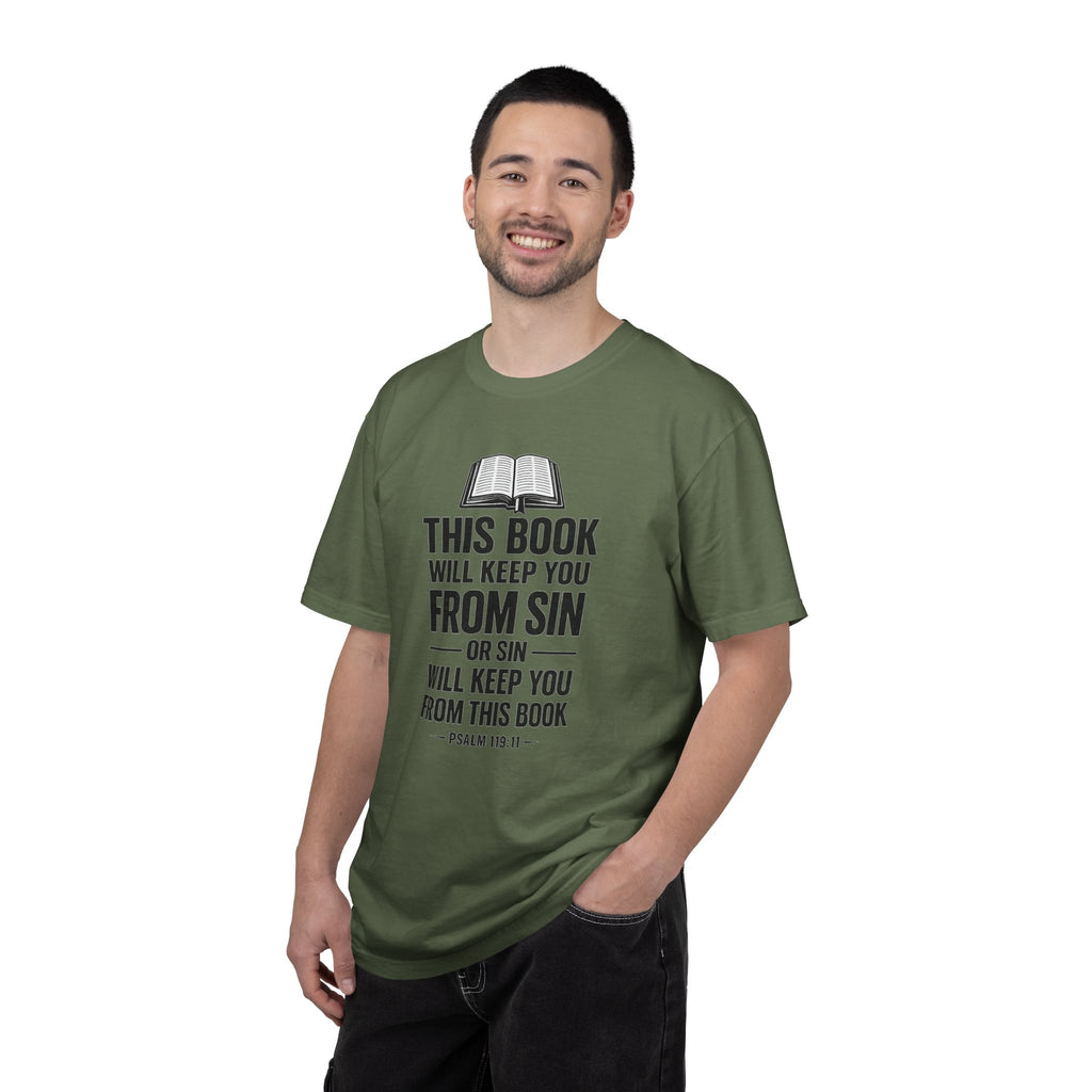 Religious T-Shirt — "This Book Will Keep You From Sin" Christian Bible Tee