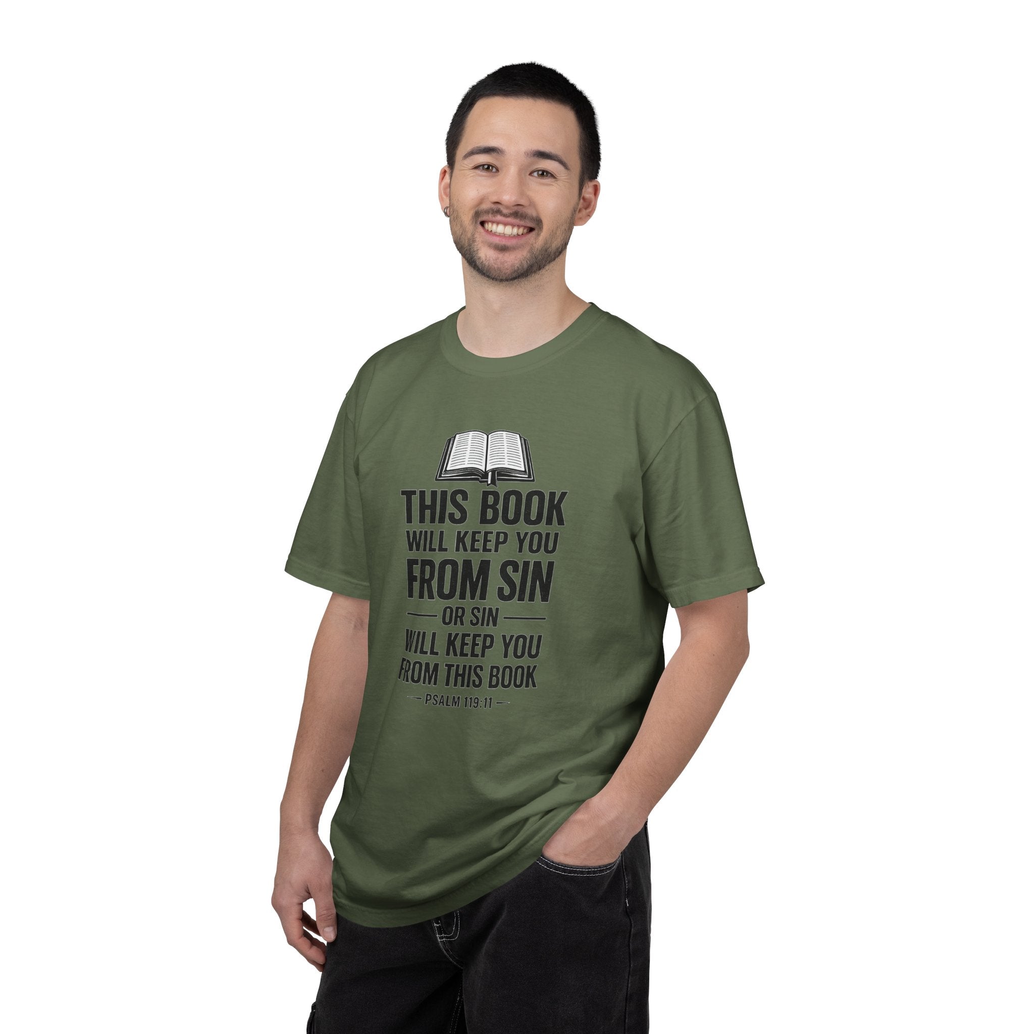 Religious T-Shirt — "This Book Will Keep You From Sin" Christian Bible Tee