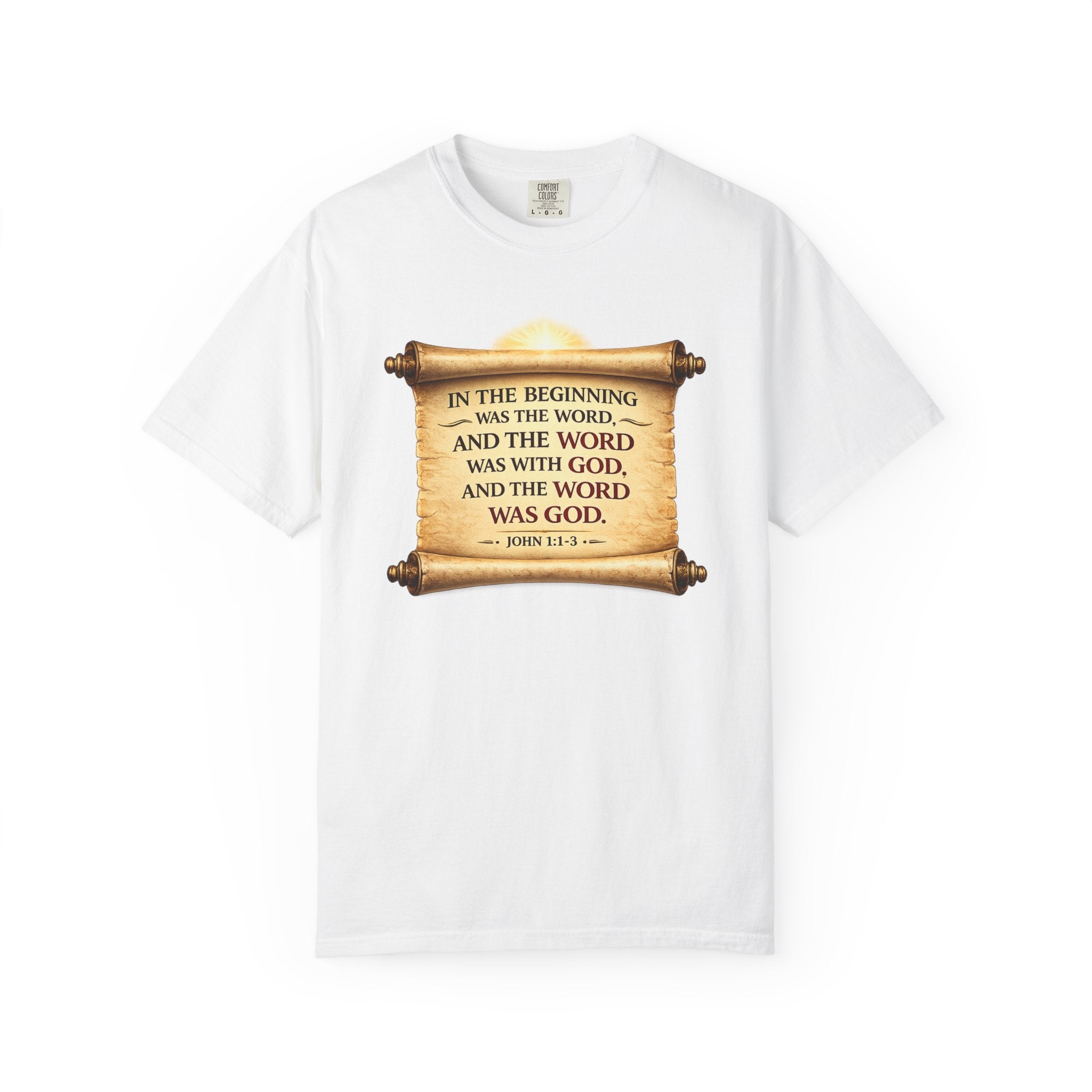 T-shirt — "In the Beginning Was the Word" John 1:1 Scroll Christian Tee