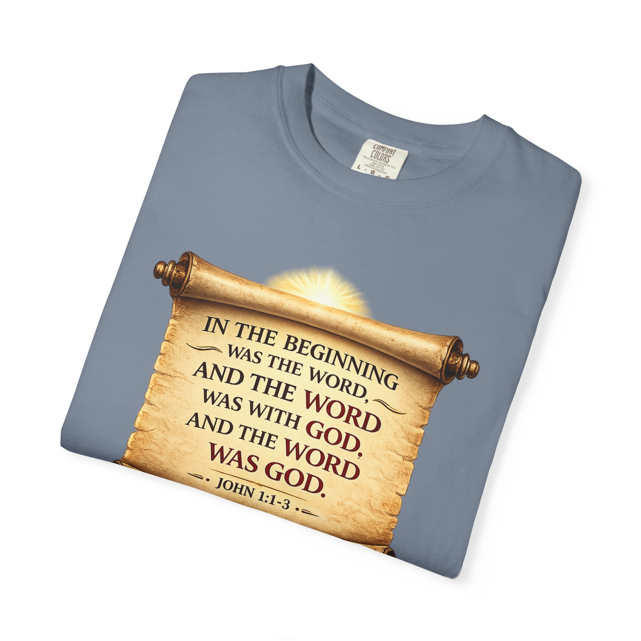 T-shirt — "In the Beginning Was the Word" John 1:1 Scroll Christian Tee