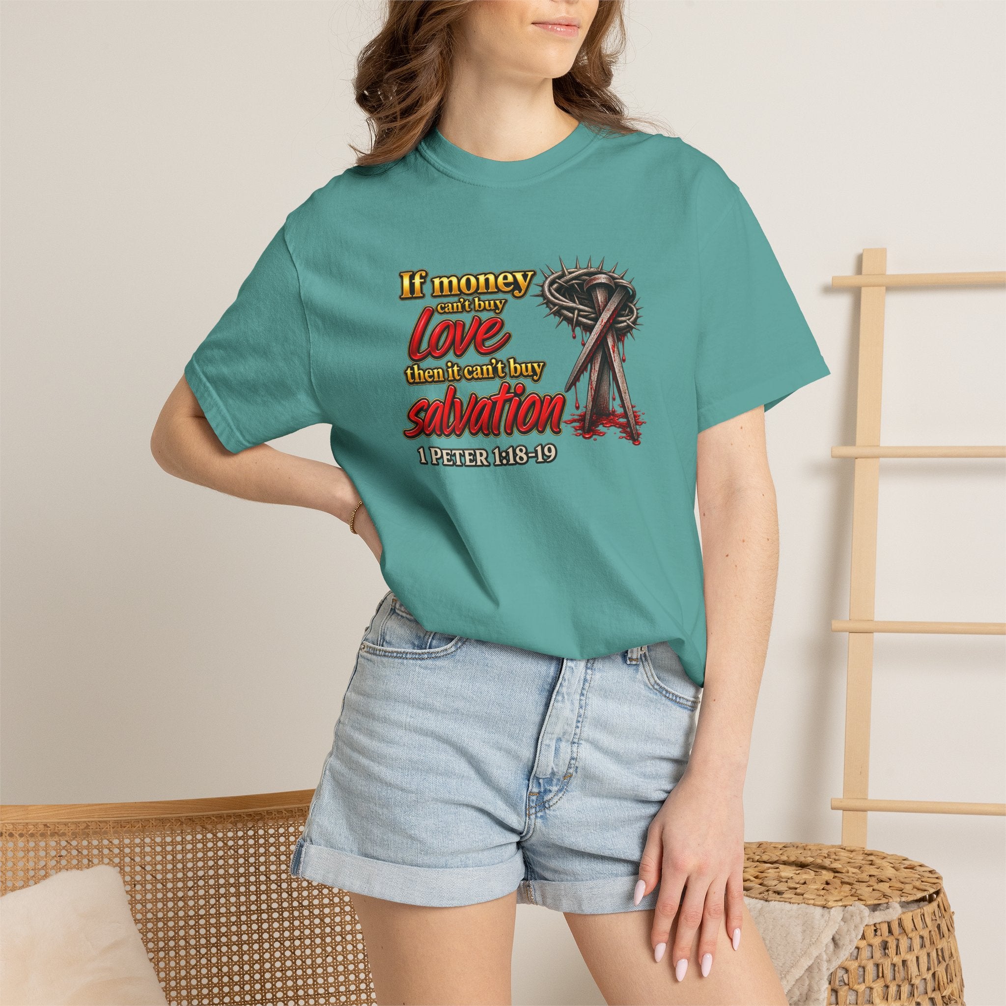 Christian Faith T-Shirt — "If Money Love Not Salvation" with Crown of Thorns & "Full Armor of God" Back
