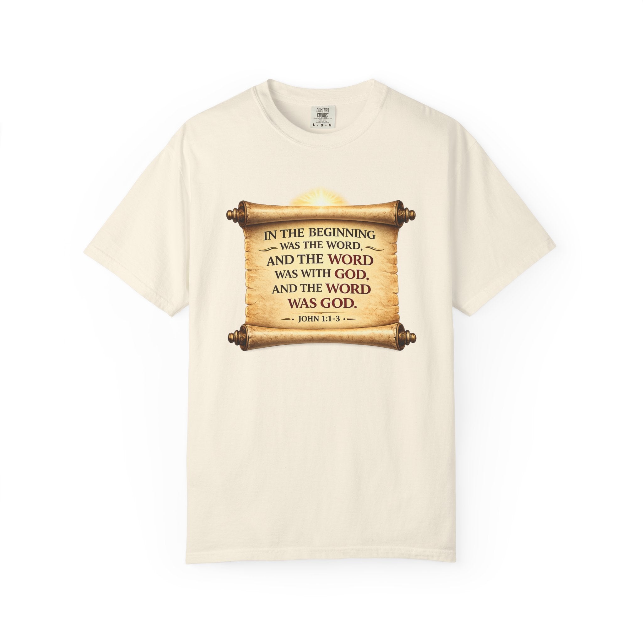 T-shirt — "In the Beginning Was the Word" John 1:1 Scroll Christian Tee